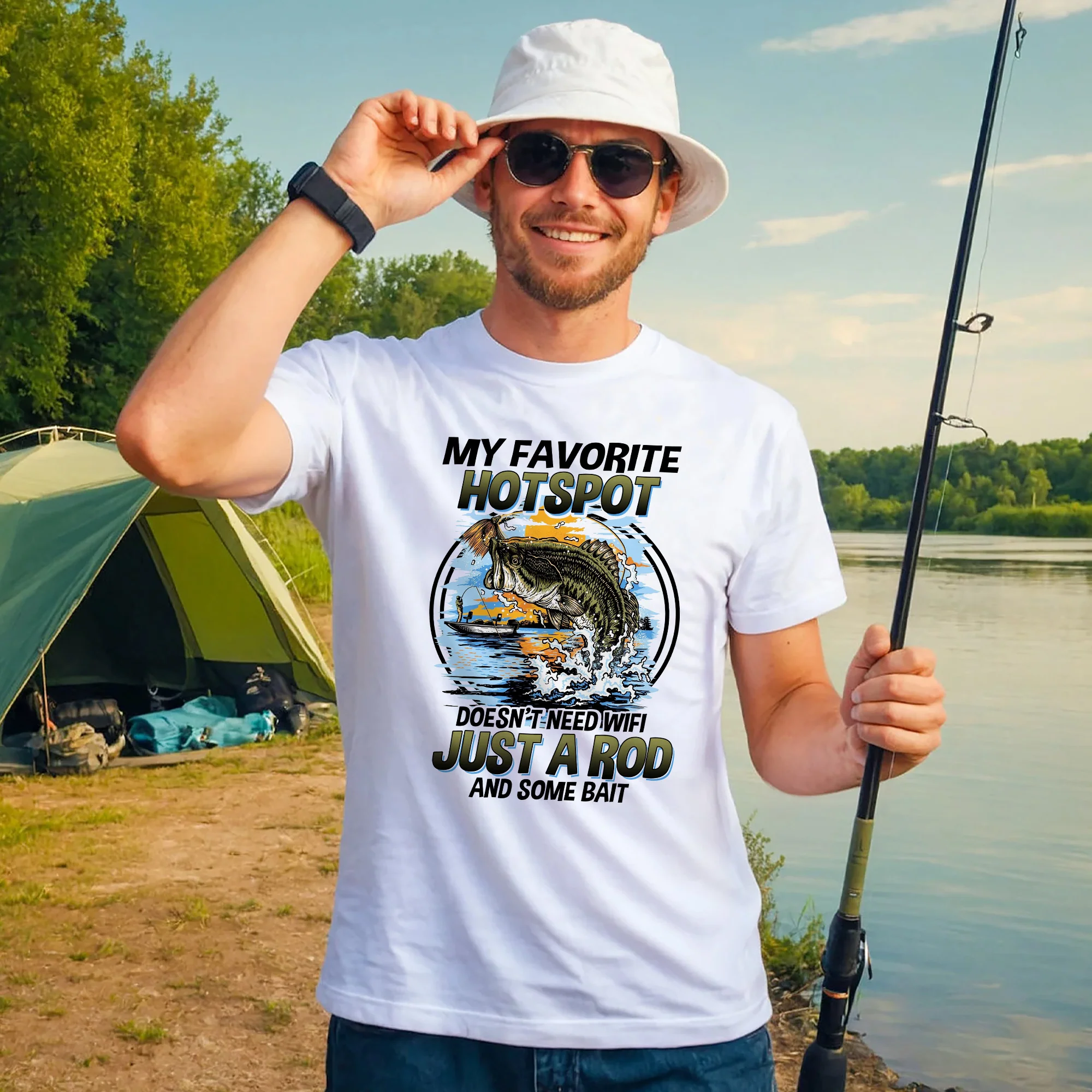 Fishing Humor Shirt �C Favorite Hotspot No WiFi Rod and Bait Tee �C Funny Fisherman Tee �C White �C Up To 5XL