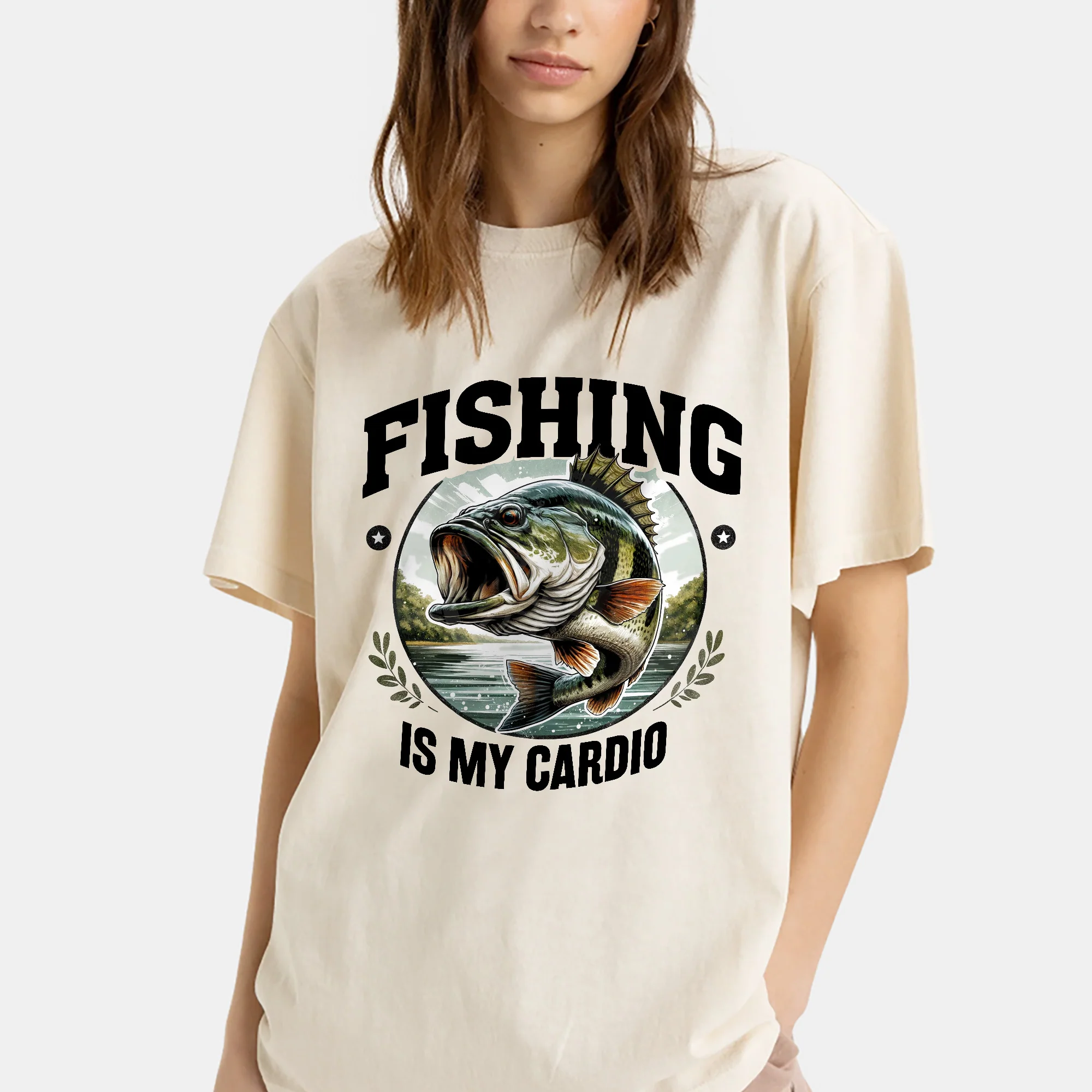 Fishing Is My Cardio Shirt �C Funny Women��s Fishing Tee �C Lady Angler Humor Gift �C Natural �C Up To 5XL