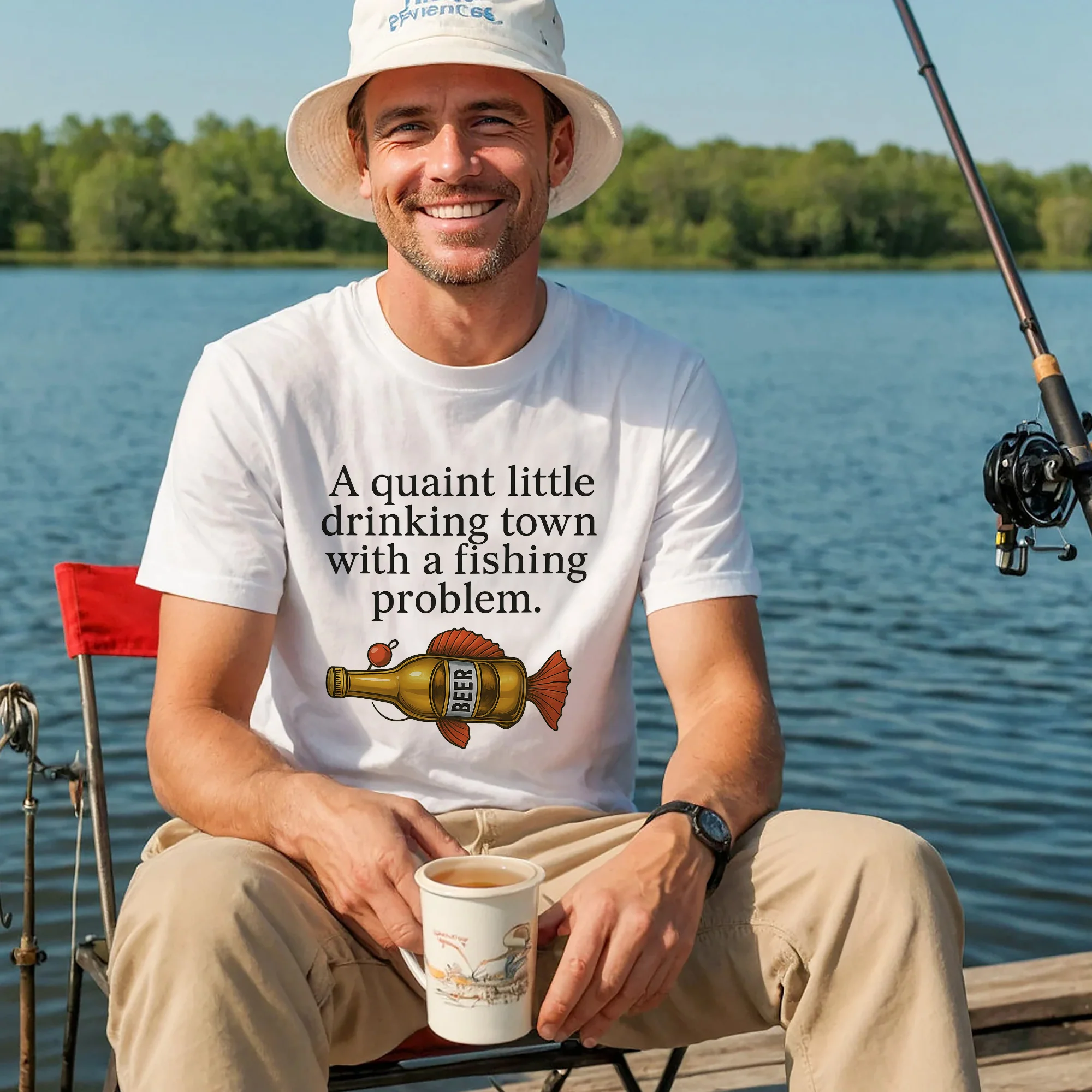 A Quaint Little Drinking Town With A Fishing Problem Shirt �C Funny Fishing Tee �C Fisherman Humor Gift �C White �C Up To 5XL