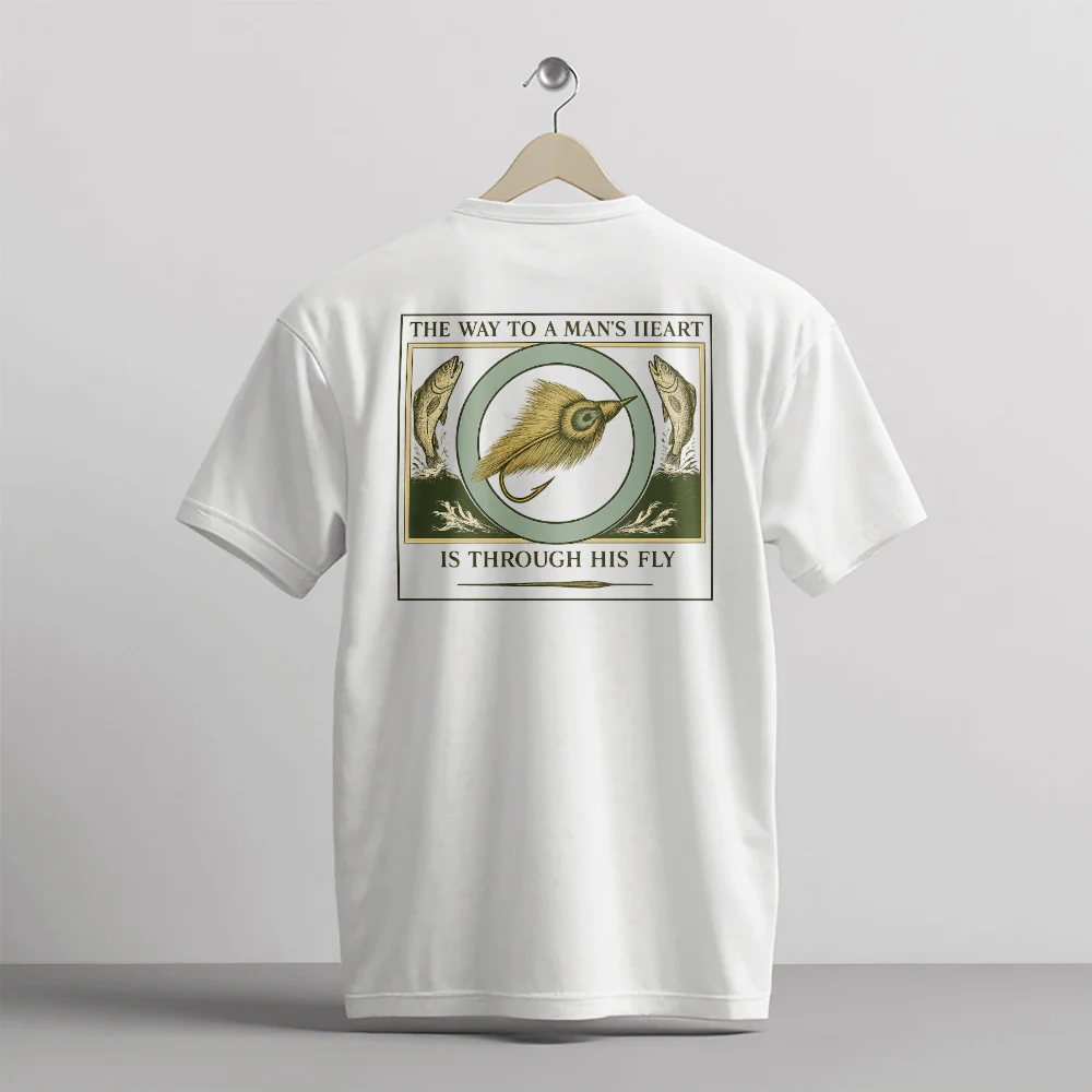 Vintage Fishing Shirt �C The Way To A Man's Heart Is Through His Fly �C Funny Angler Tee �C White �C Up To 5XL