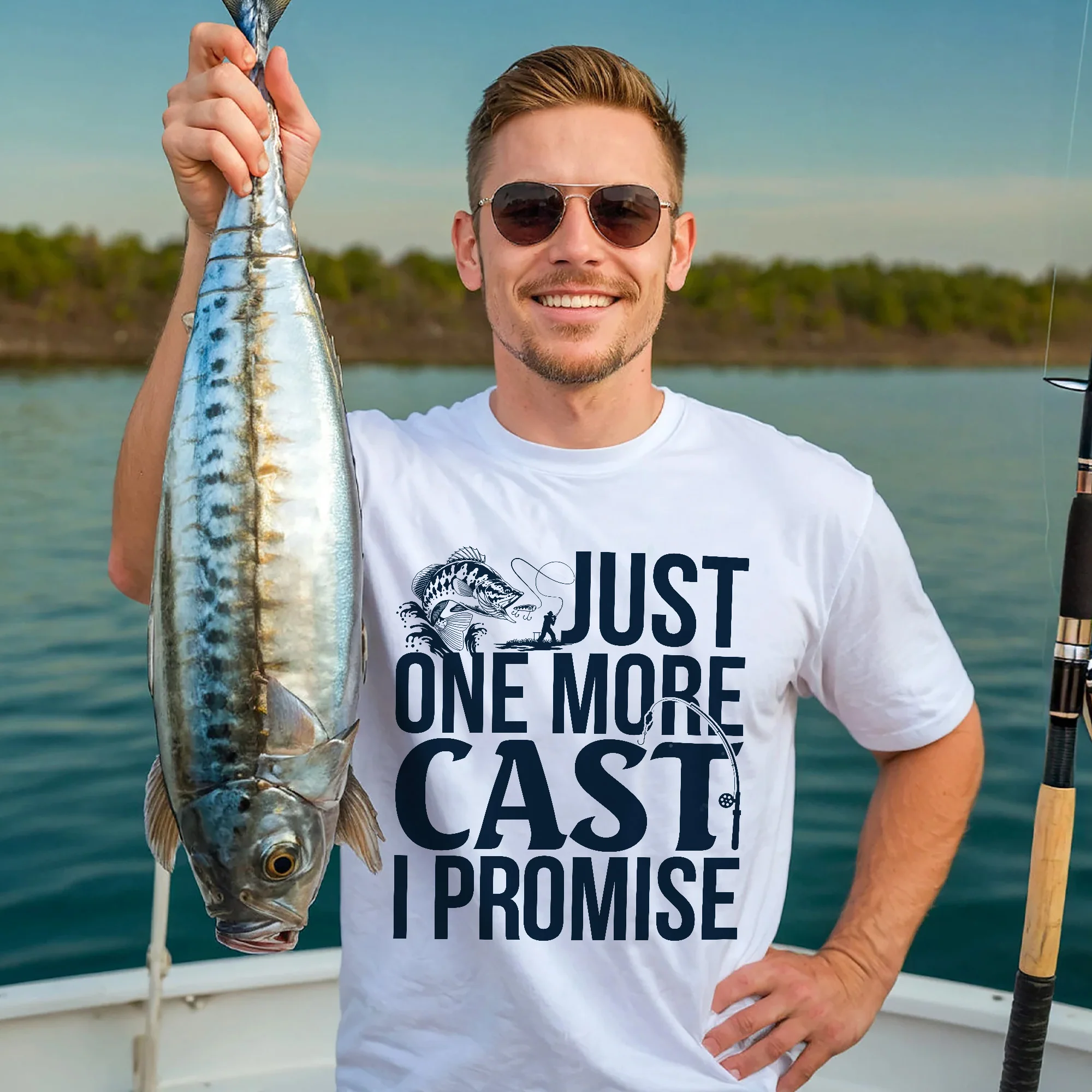 Fishing Addict Shirt �C Just One More Cast I Promise Tee �C Funny Fisherman Gift �C White �C Up To 5XL