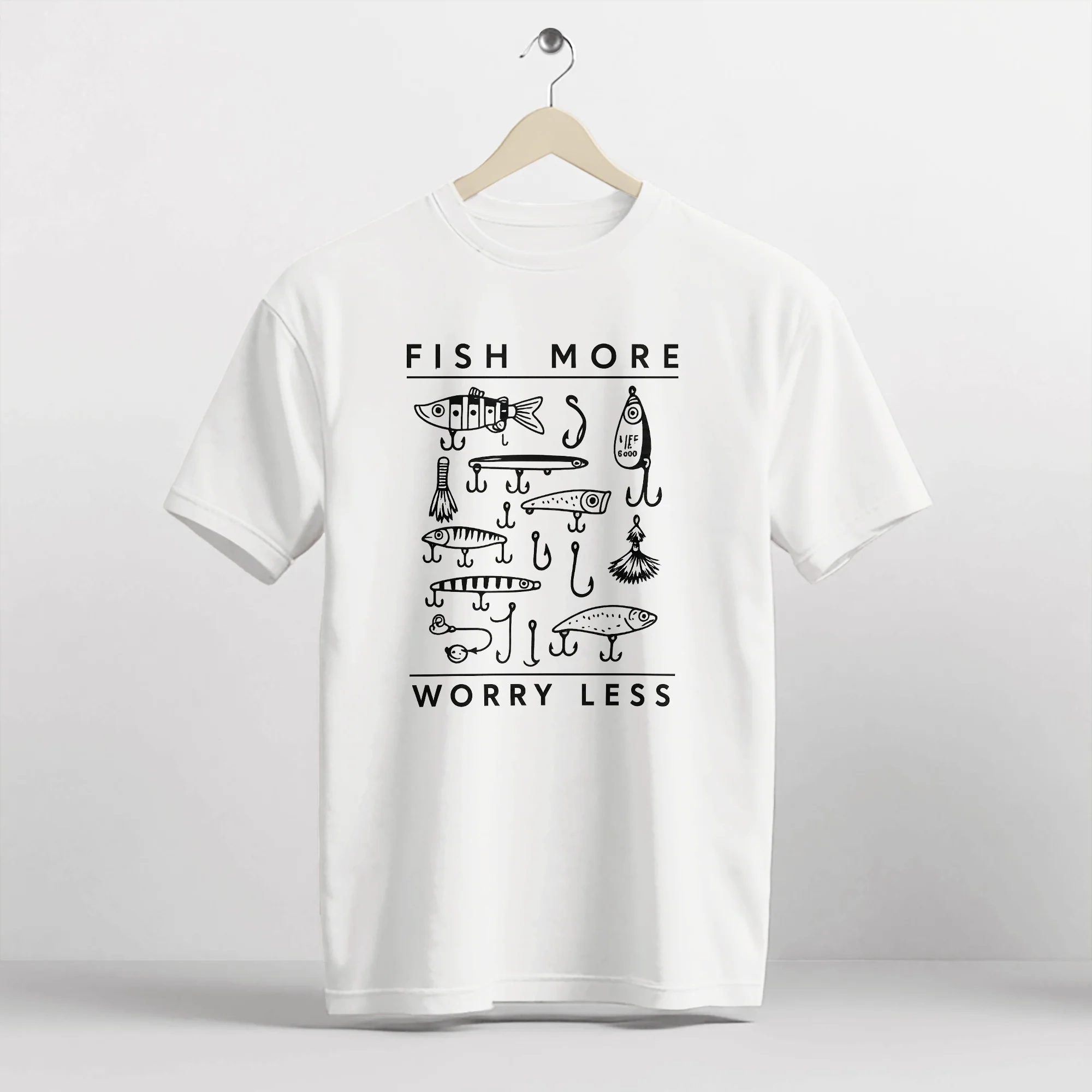 Funny Fishing Tee �C Life Is Good Fish More Worry Less Hooks and Tackle Shirt �C Fisherman Idea Gift �C White �C Up To 5XL