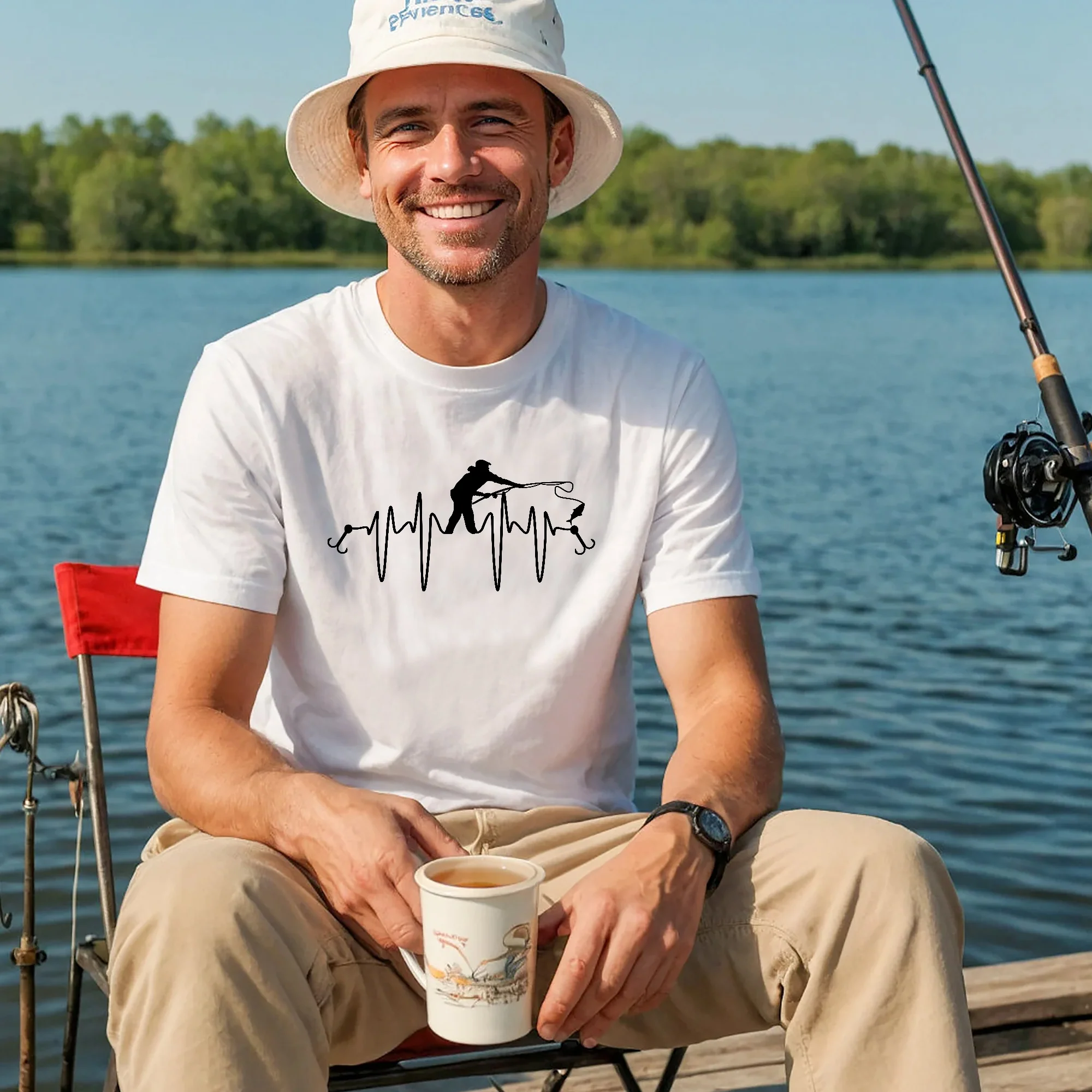 Fishing Lover Shirt �C Heartbeat Fishing Tee �C Minimalist Angler Graphic Shirt �C White �C Up To 5XL
