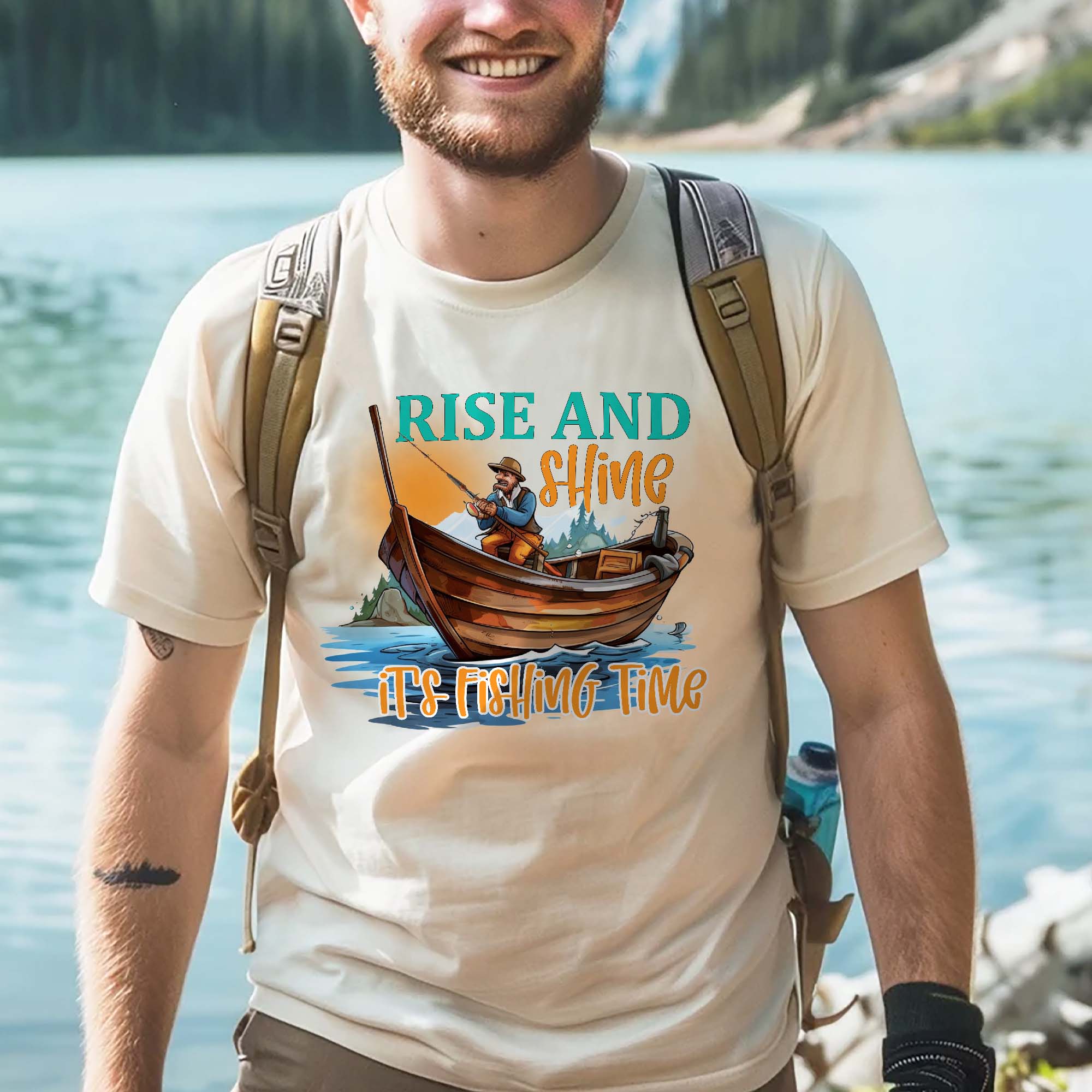 Funny Angler Graphic �C Rise and Shine It��s Fishing Time Tee �C Natural �C Up To 5XL