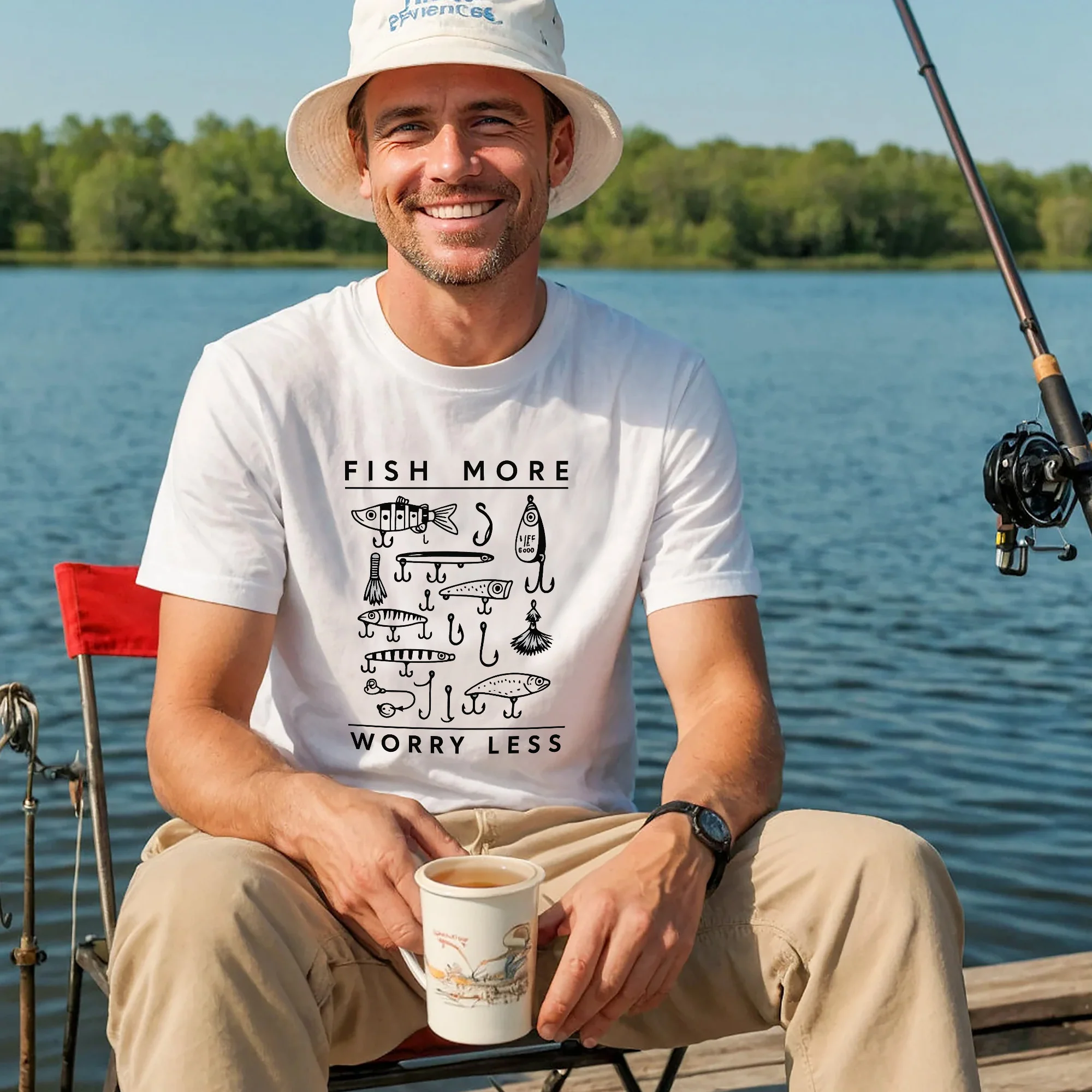 Funny Fishing Tee �C Life Is Good Fish More Worry Less Hooks and Tackle Shirt �C Fisherman Idea Gift �C White �C Up To 5XL