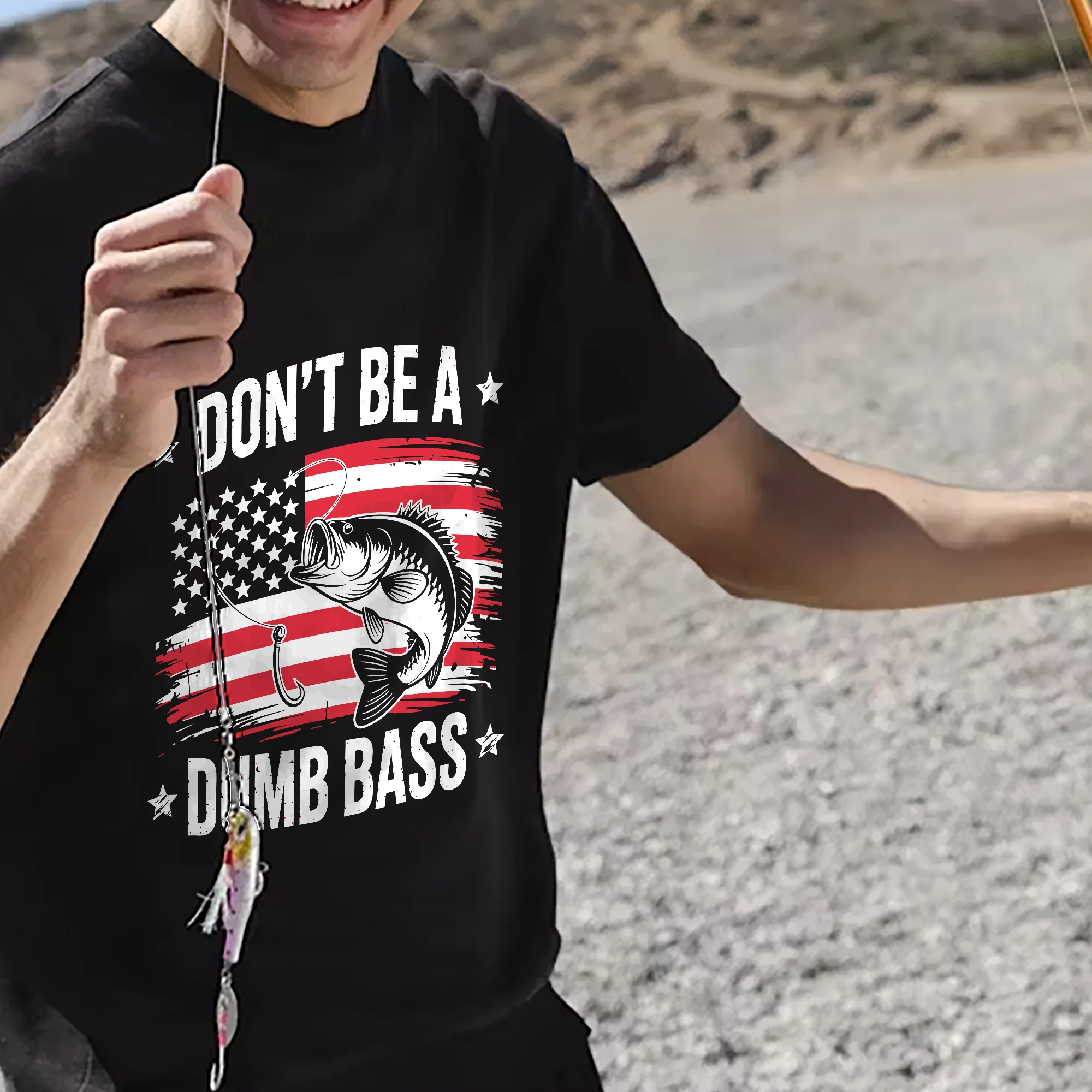 Funny Fishing Shirt �C Don��t Be a Dumb Bass Patriotic Angler Tee �C USA Flag Graphic �C Black �C Up To 5XL