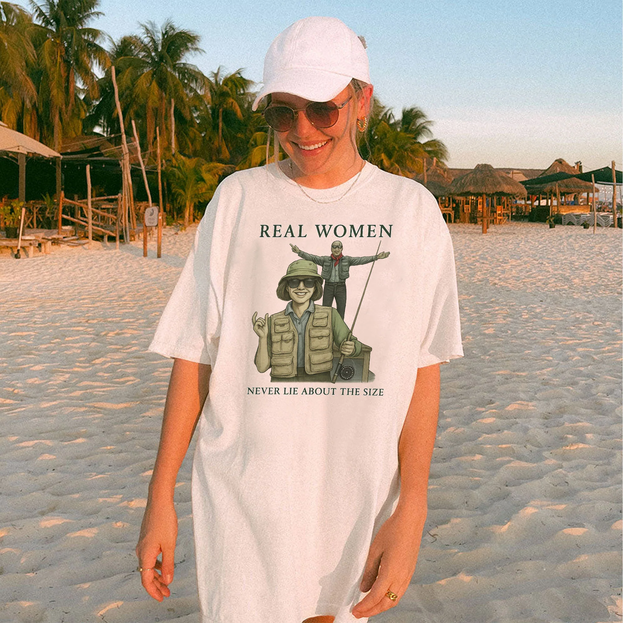 Real Women Never Lie About The Size Shirt �C Funny Fishing Tee �C Fisherman Humor Gift �C White �C Up To 5XL