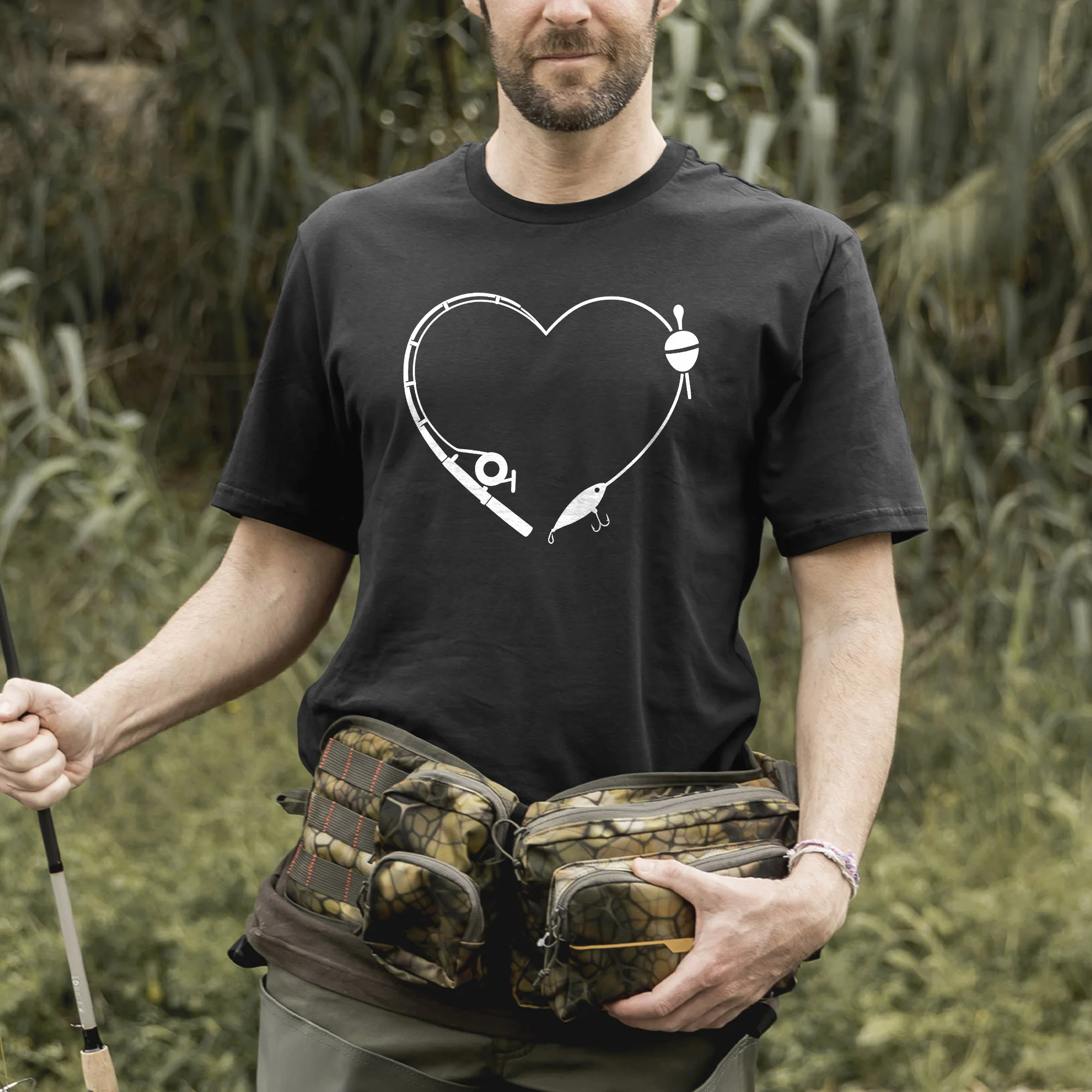 Fishing Rod Heart Shirt �C Romantic Angler Tee �C Fishing Love Design for Couples �C Black �C Up To 5XL