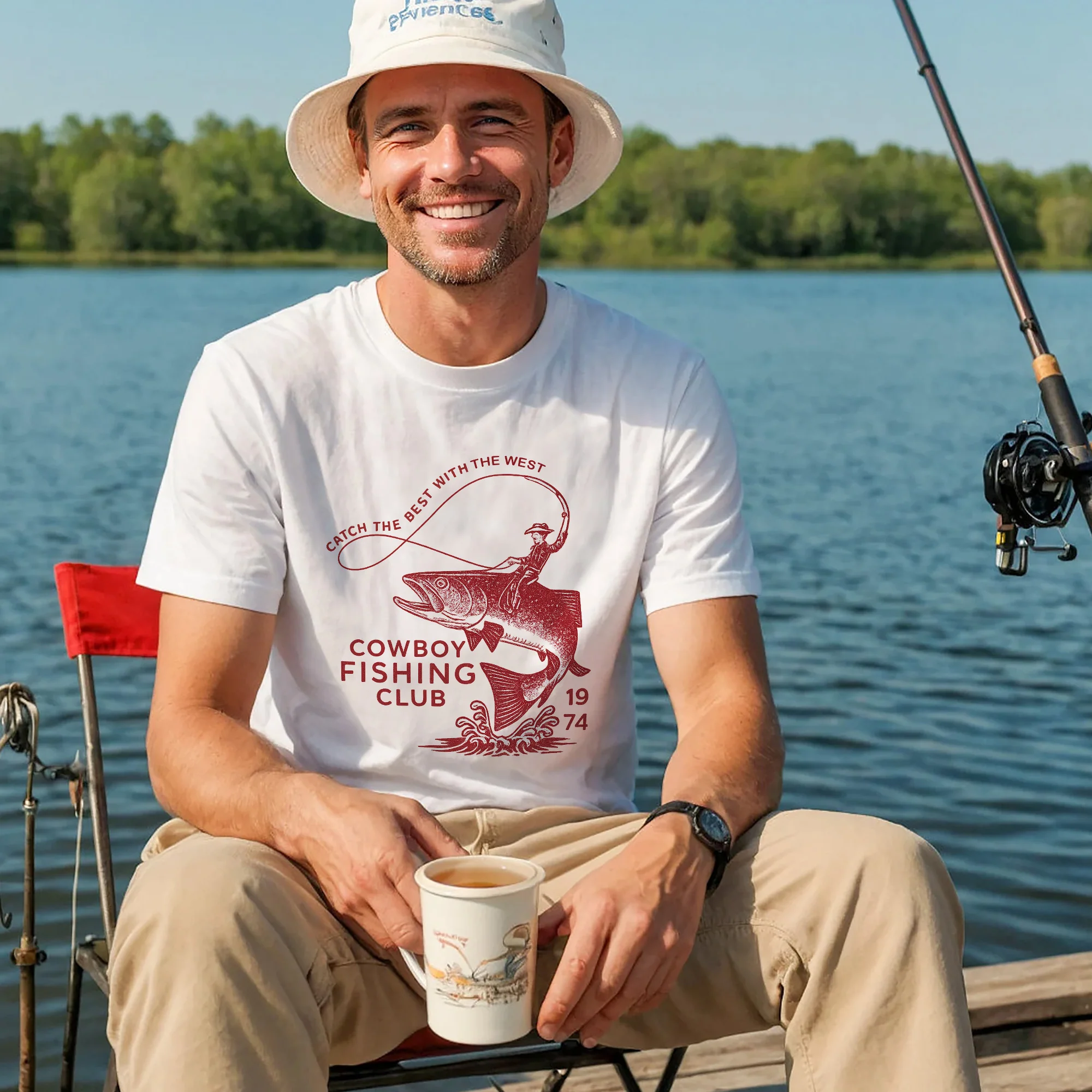 Western Fisherman Tee - Catch The Best With The West Cowboy Fishing Club 1974 Shirt �C White �C Up To 5XL