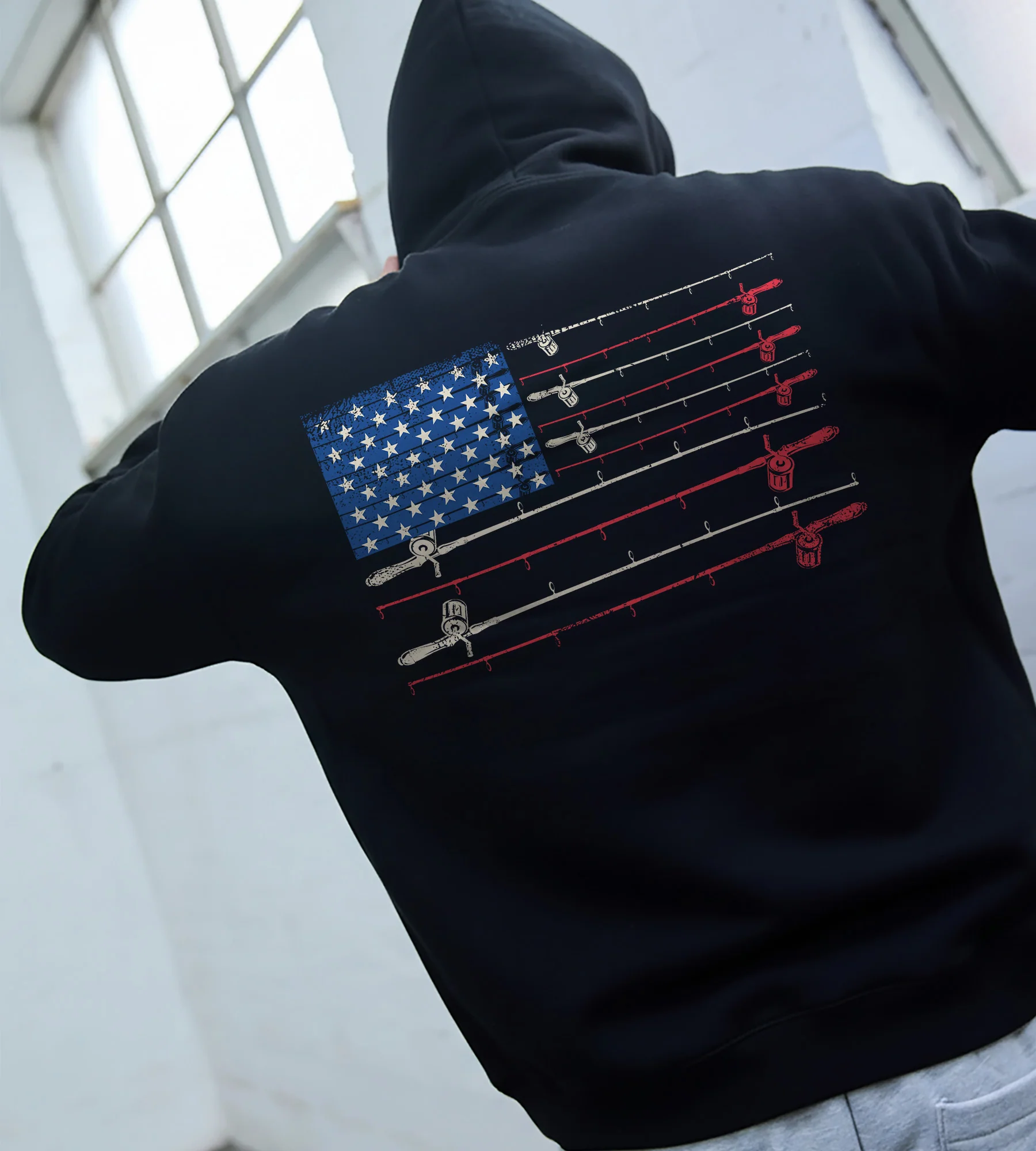 American Fishing Flag Hoodie �C Patriotic Fishing Rod Back Print Hoodie for Anglers | Three-Panel Fleece Hoodie