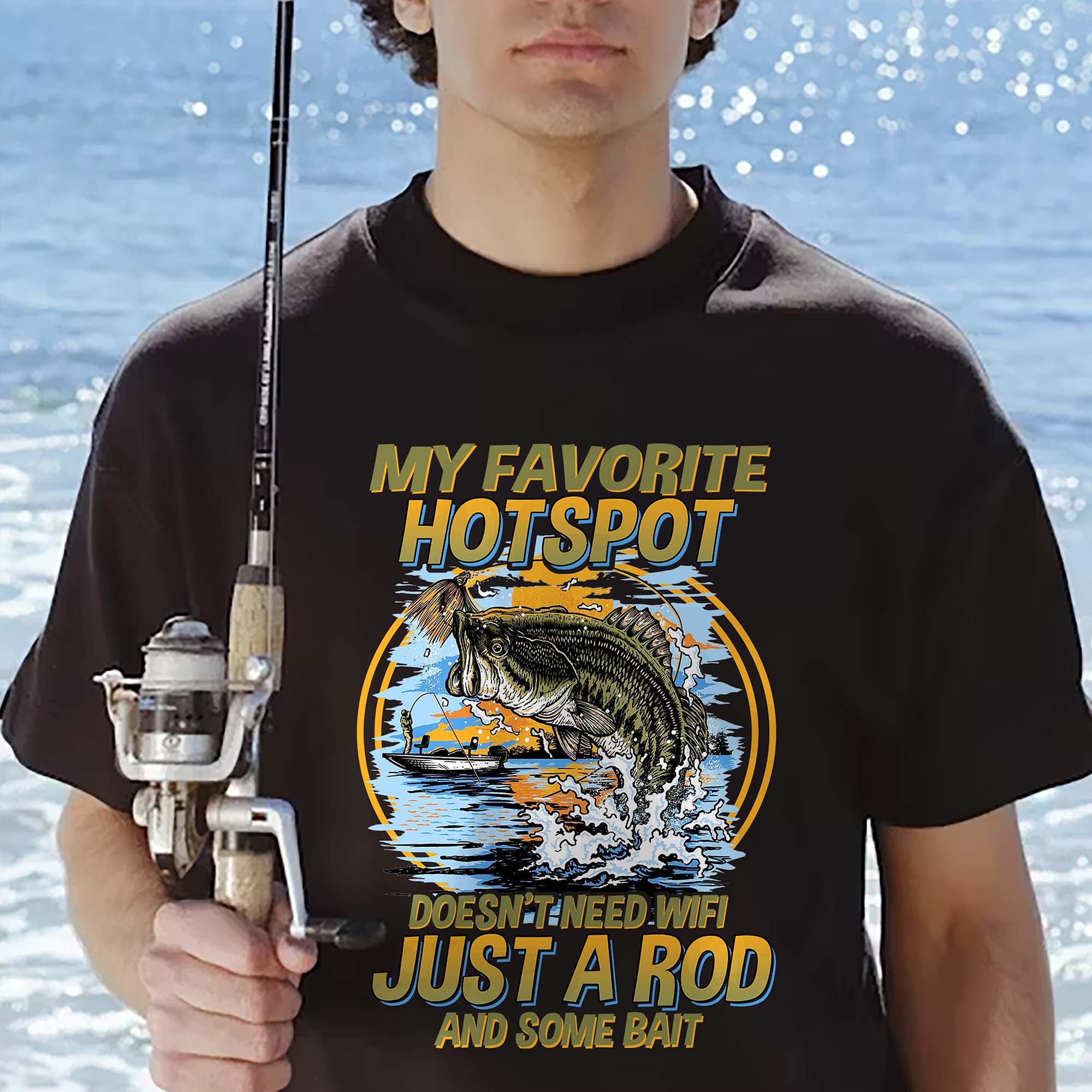 Fishing Humor Shirt �C Favorite Hotspot No WiFi Rod and Bait Tee �C Funny Fisherman Gift �C Black �C Up To 5XL