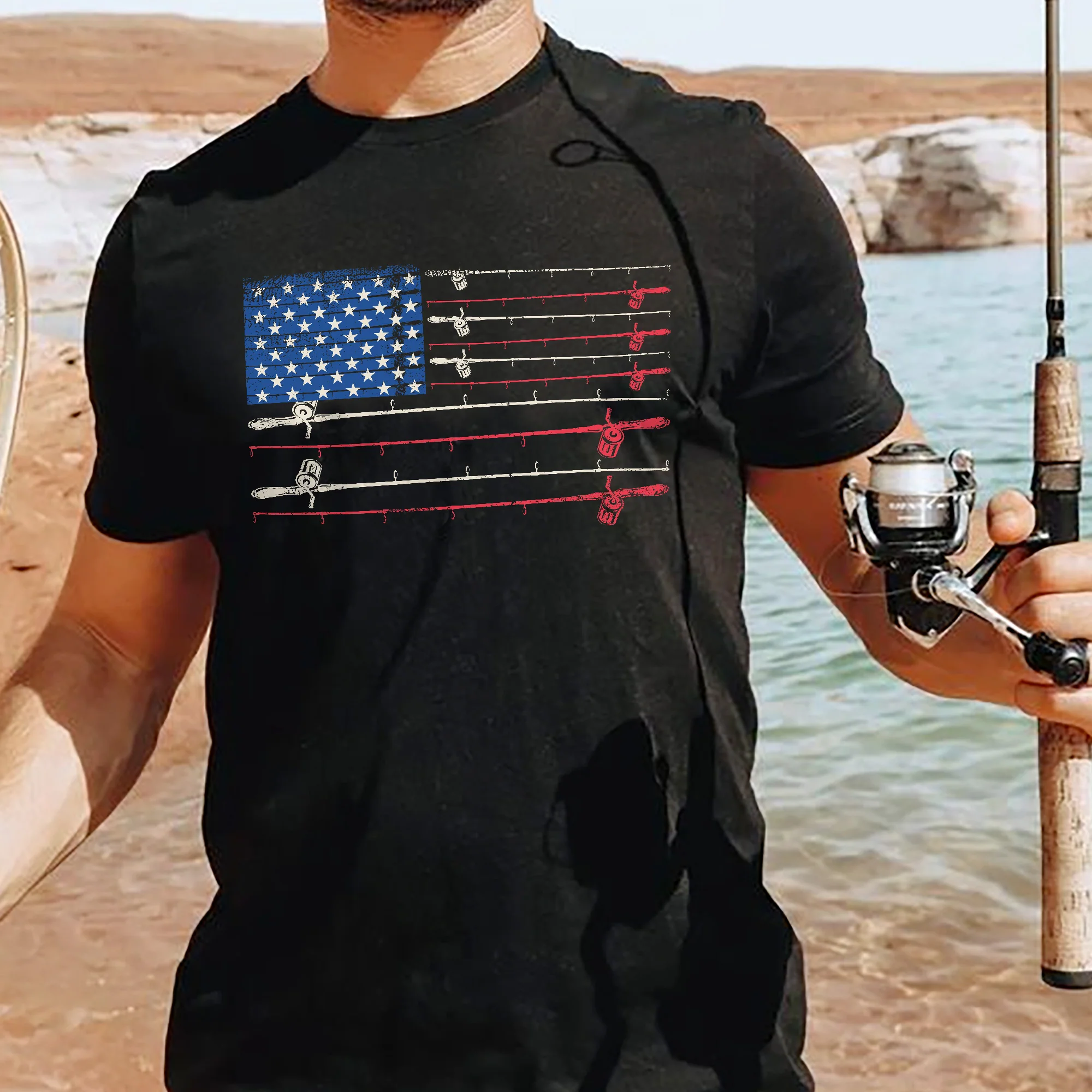 Patriotic Fishing Shirt �C Fishing Rods American Flag Tee �C USA Angler Graphic �C Black �C Up To 5XL