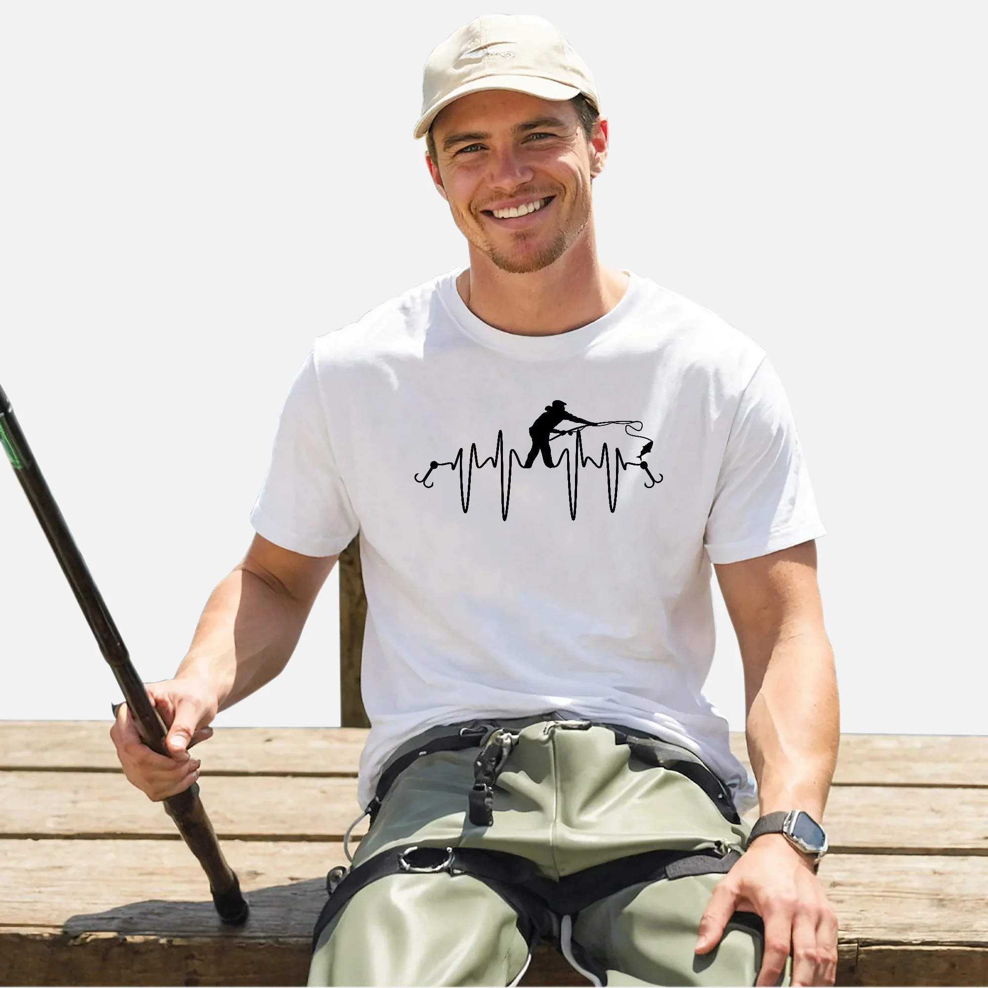 Fishing Lover Shirt �C Heartbeat Fishing Tee �C Minimalist Angler Graphic Shirt �C White �C Up To 5XL