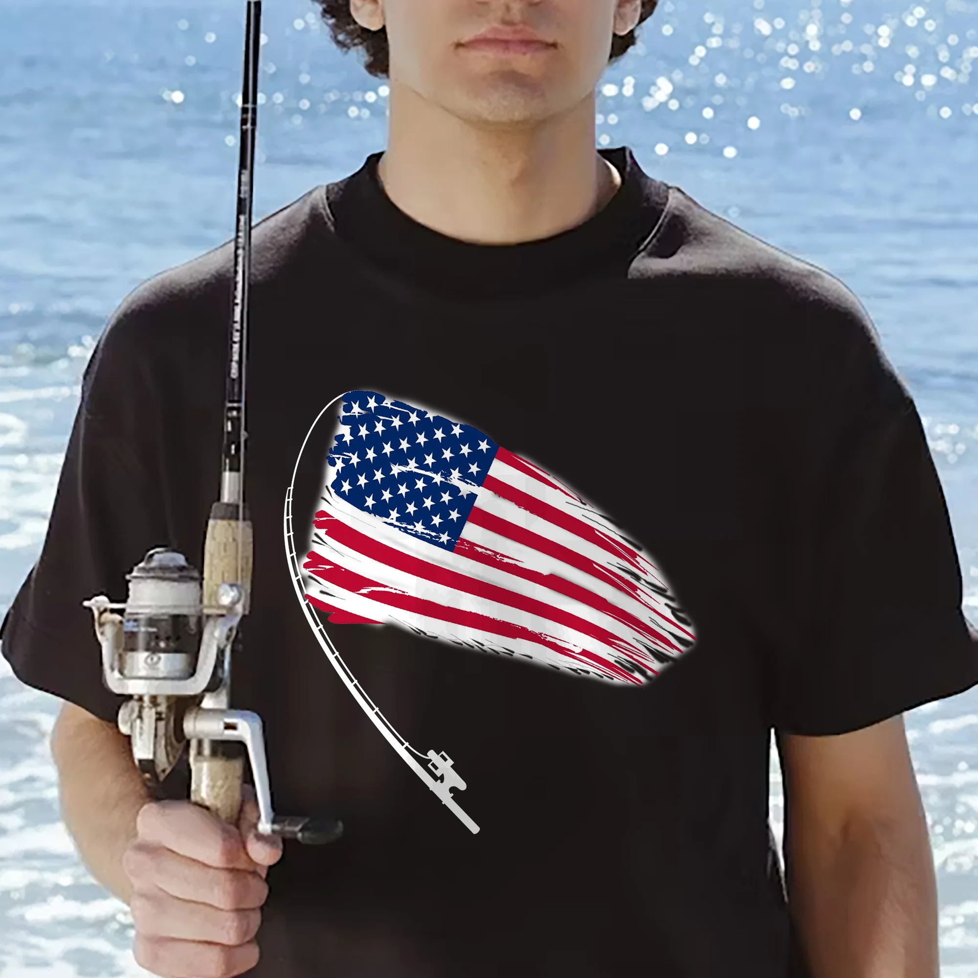 Patriotic Fishing Shirt �C American Flag Bass Fishing Tee �C USA Angler Gift �C Black �C Up To 5XL