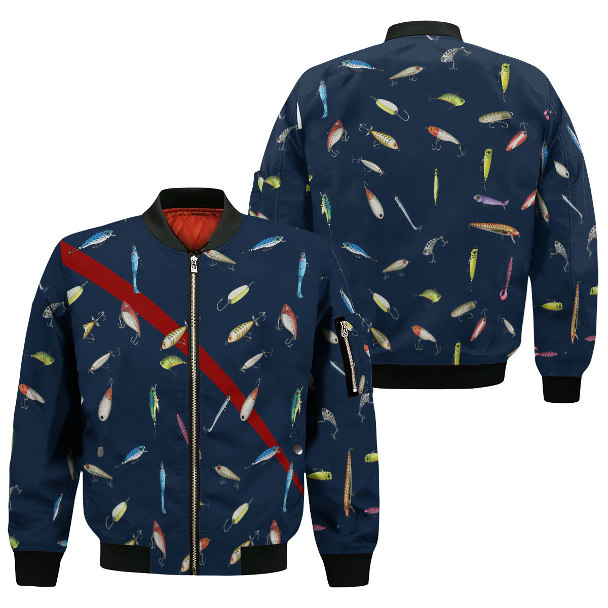 Men's Fishing Bomber Jacket - Lure Pattern Outdoor Fishing Apparel for Anglers