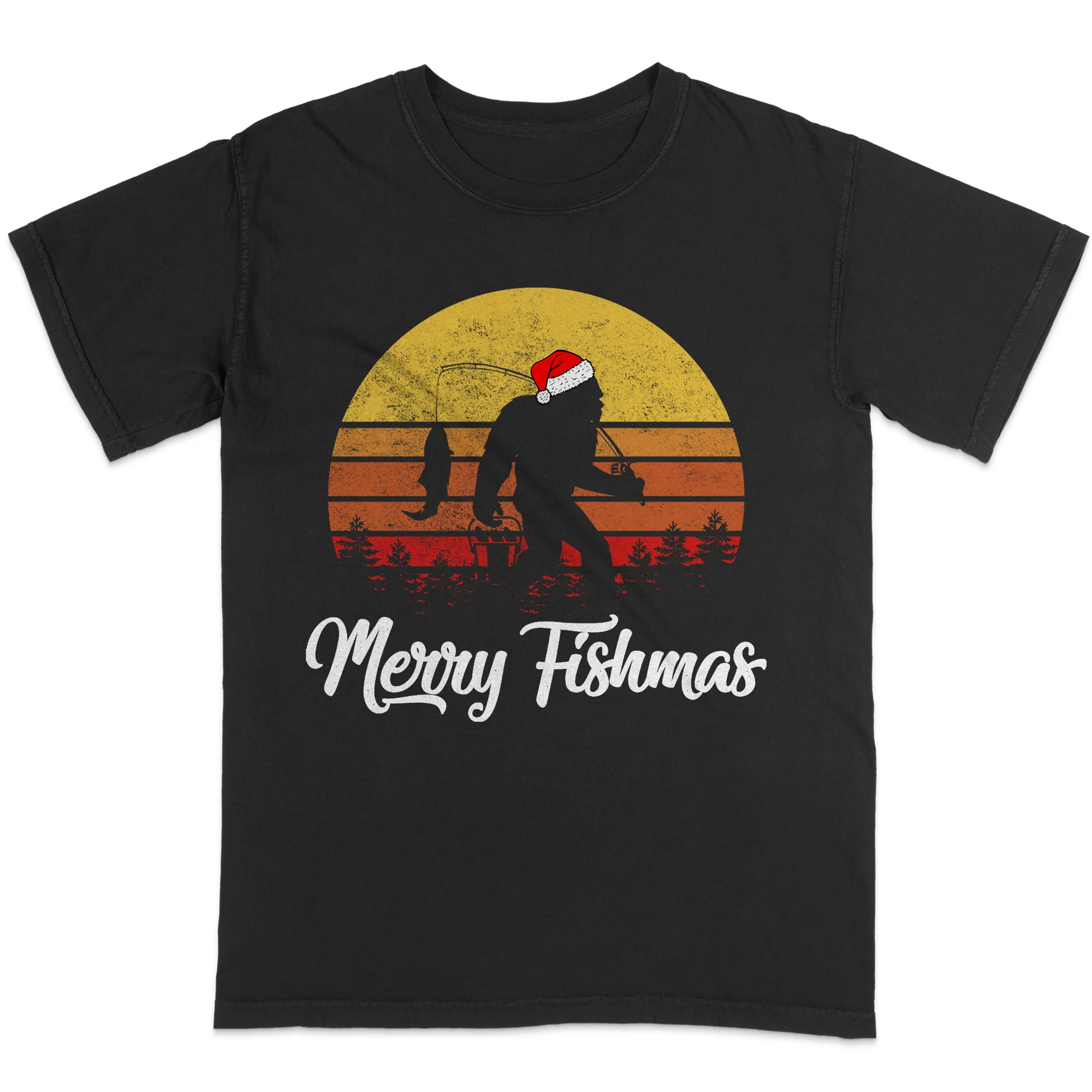 Funny Christmas Fishing Shirt - Merry Fishmas Bigfoot Tee - Holiday Gift for Fishermen �C Black �C Up To 5XL