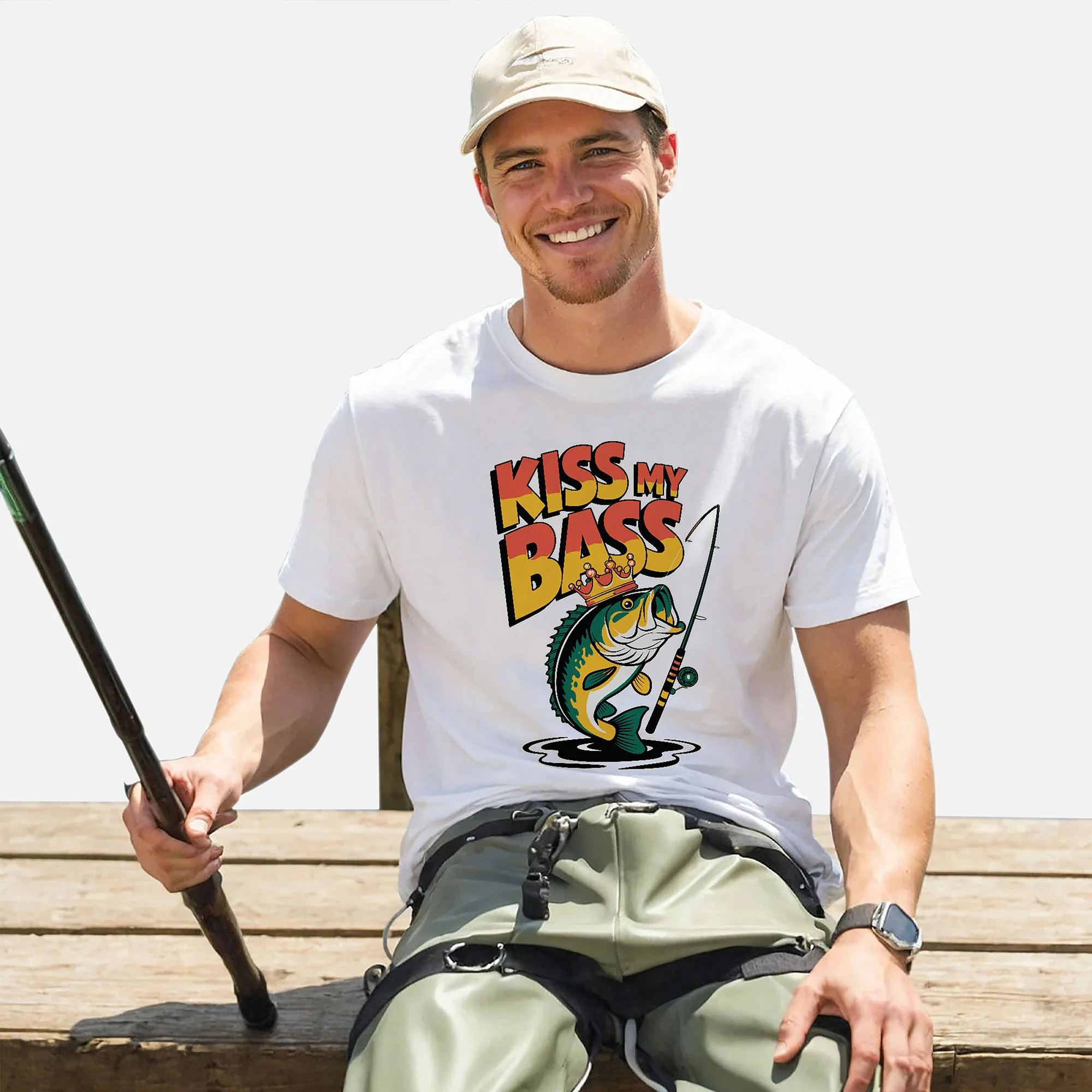Funny Angler Shirt �C Kiss My Bass Fishing Joke Tee �C Humor Gift for Fishermen �C White �C Up To 5XL
