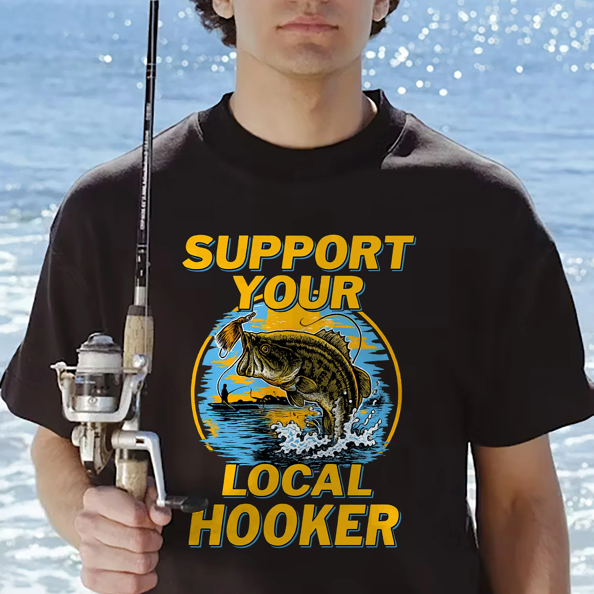 Support Your Local Hooker Shirt �C Funny Fishing Tee �C Fisherman Pun Shirt �C Black �C Up To 5XL