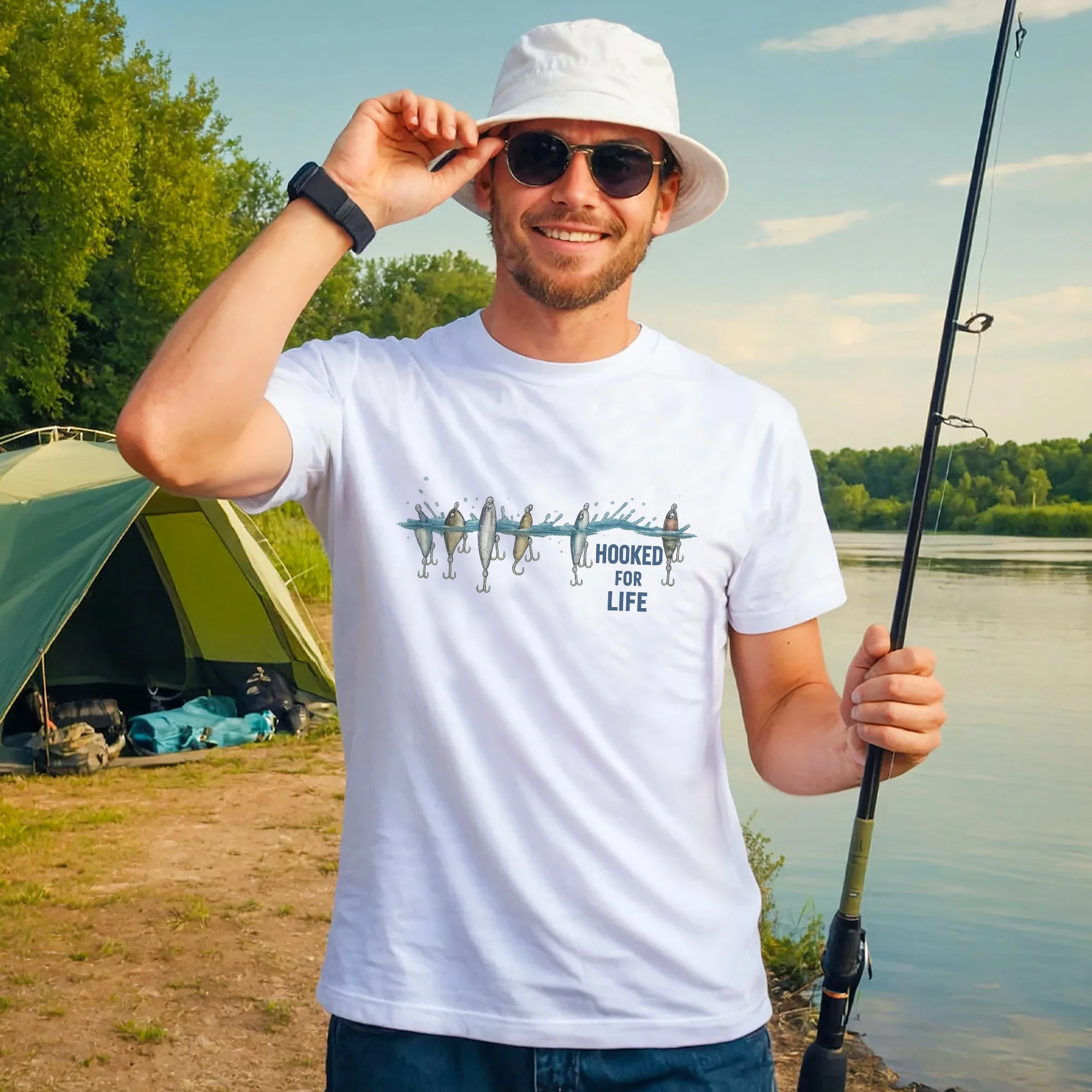 Hooked For Life Shirt �C Fishing Lover Tee �C Angler Gift �C White �C Up To 5XL