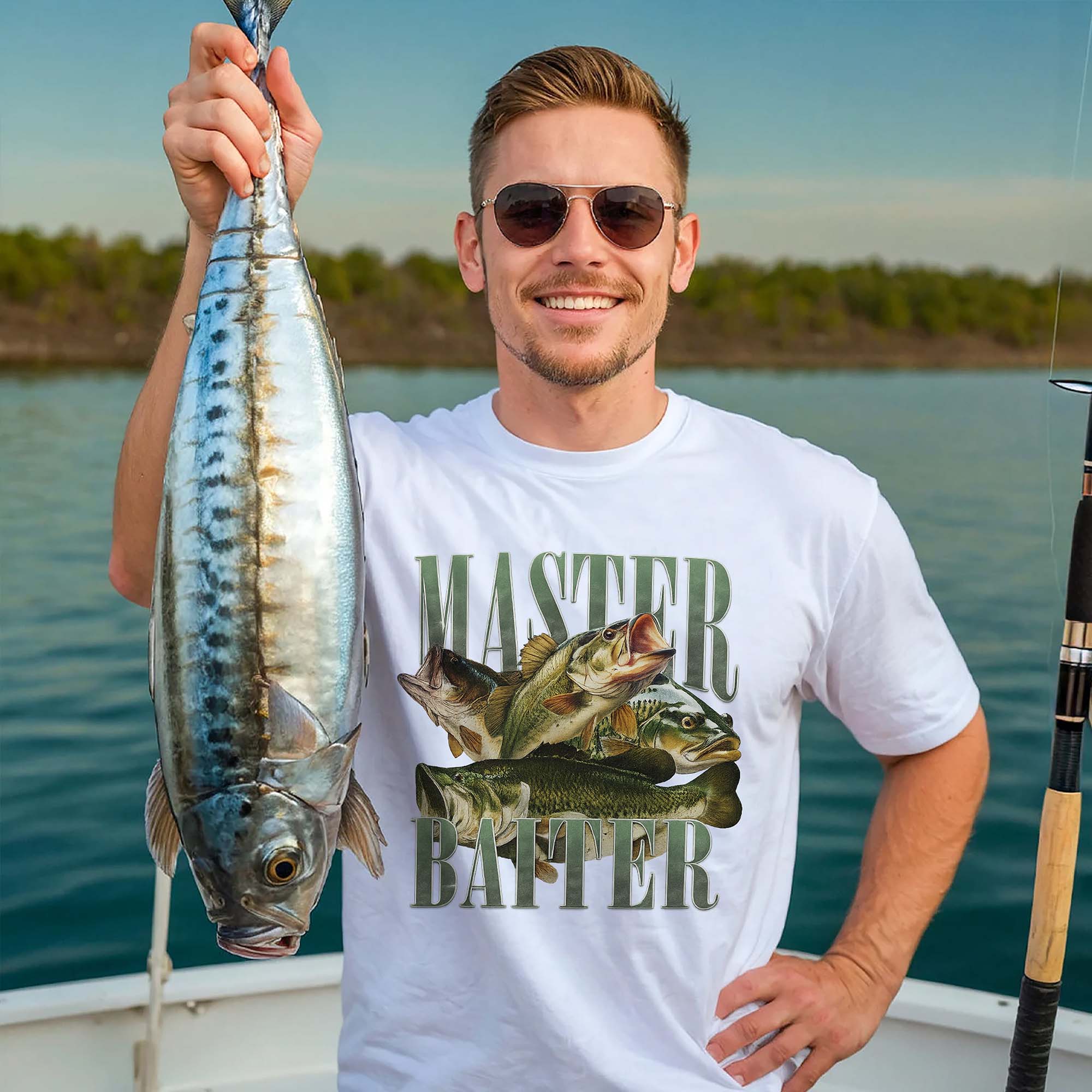 Funny Fishing Shirt �C Master Baiter Bass Fishing Tee �C Angler Joke Graphic Shirt �C White �C Up To 5XL