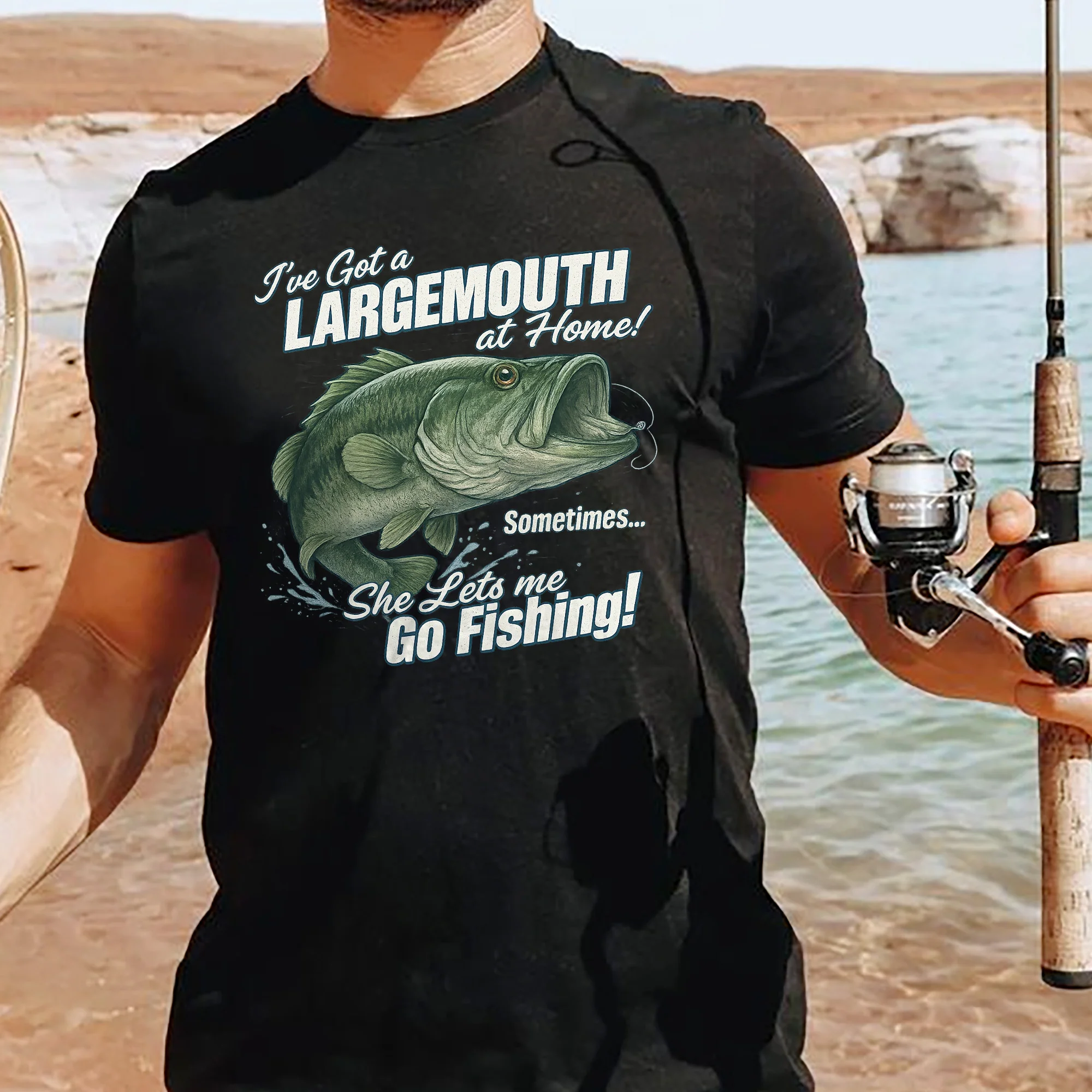 I've Got a Largemouth at Home Sometimes Shirt �C Funny Fishing Tee for Husband �C Black �C Up To 5XL