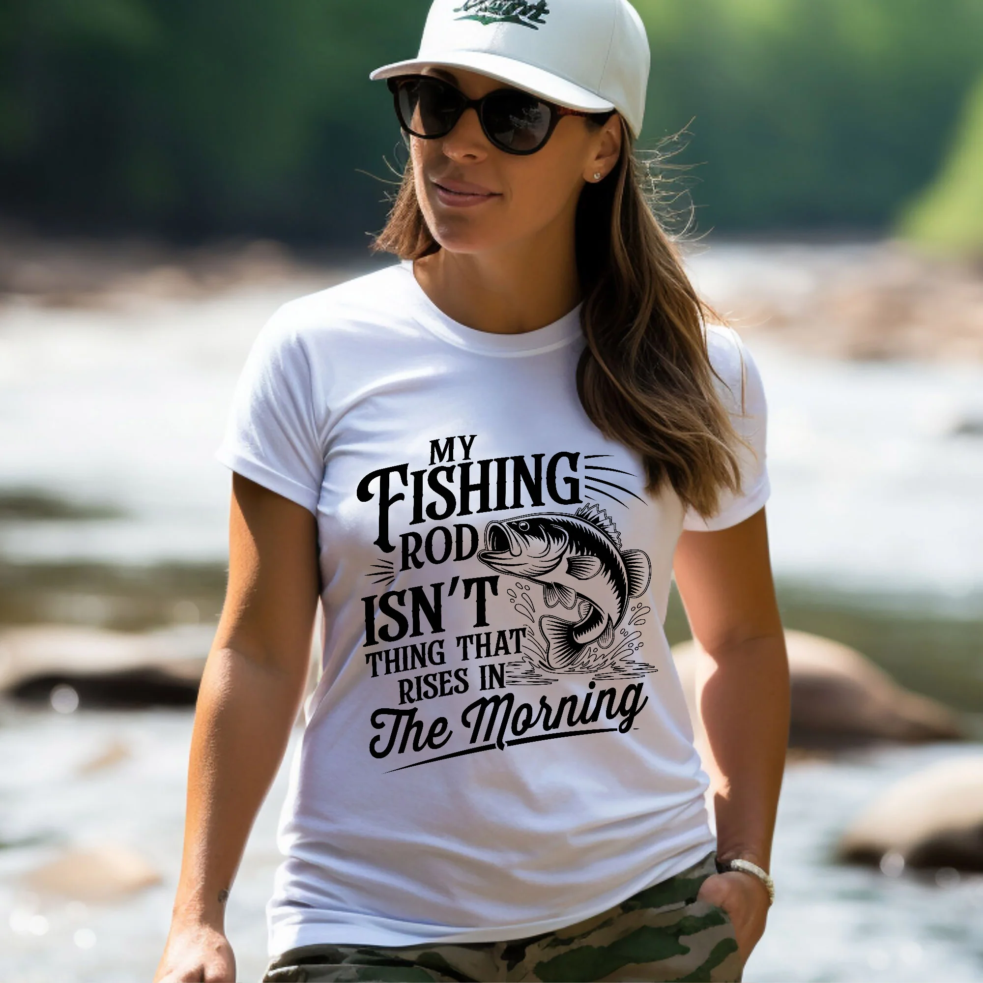 My Fishing Rod Isn��t The Thing That Rises In The Morning Shirt �C Funny Women��s Fishing Tee �C Lady Angler Humor Gift �C White �C Up To 5XL