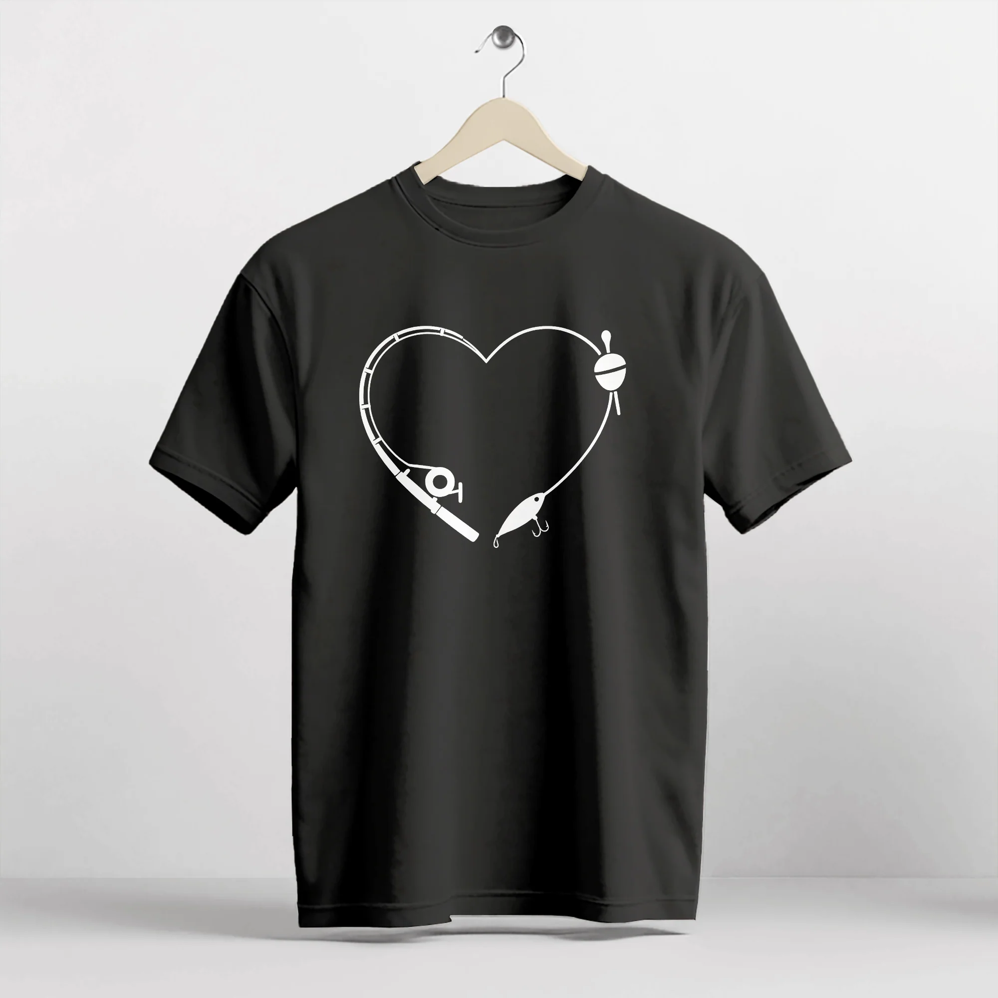Fishing Rod Heart Shirt �C Romantic Angler Tee �C Fishing Love Design for Couples �C Black �C Up To 5XL