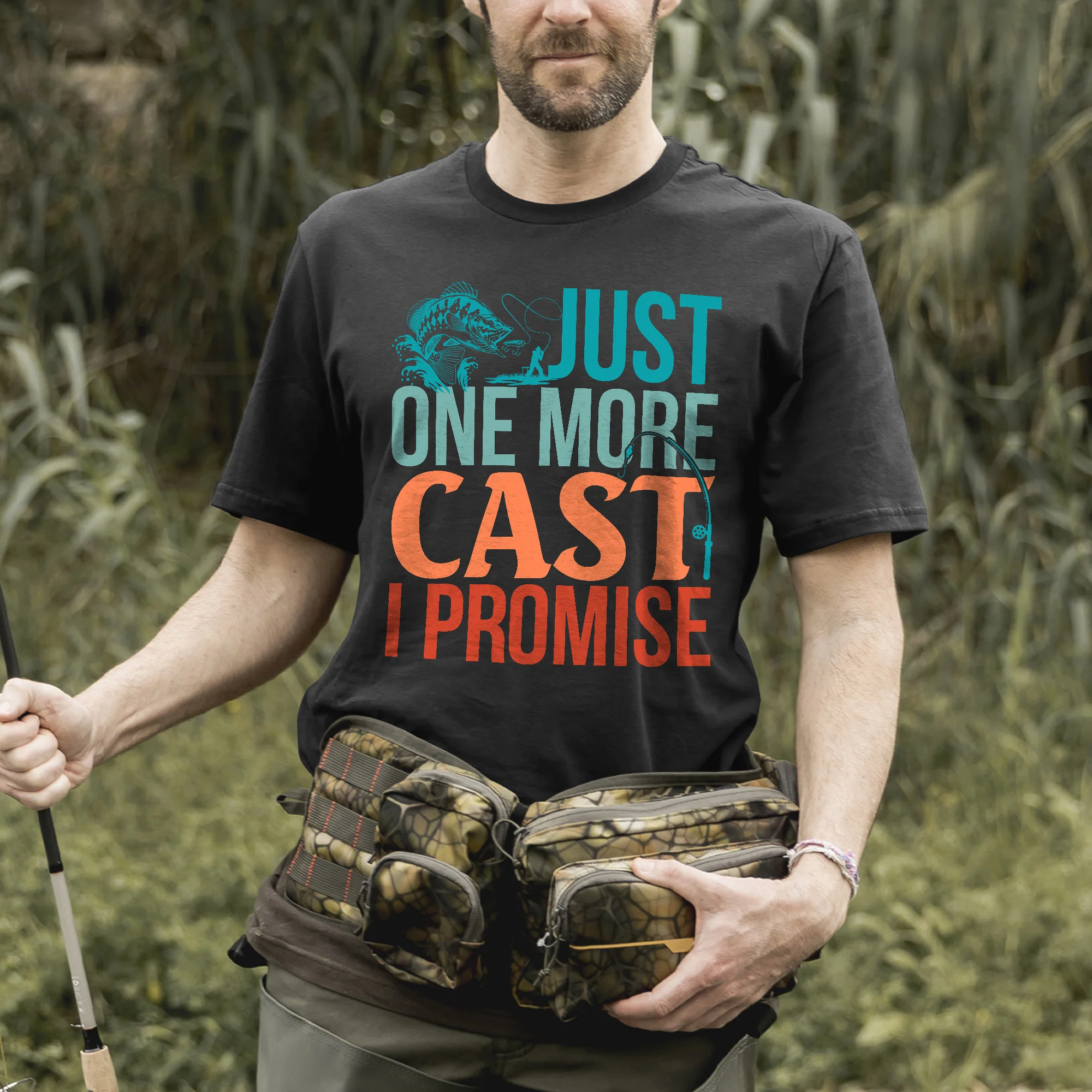 Fishing Addict Shirt �C Just One More Cast I Promise Tee �C Funny Fisherman Gift �C Black �C Up To 5XL