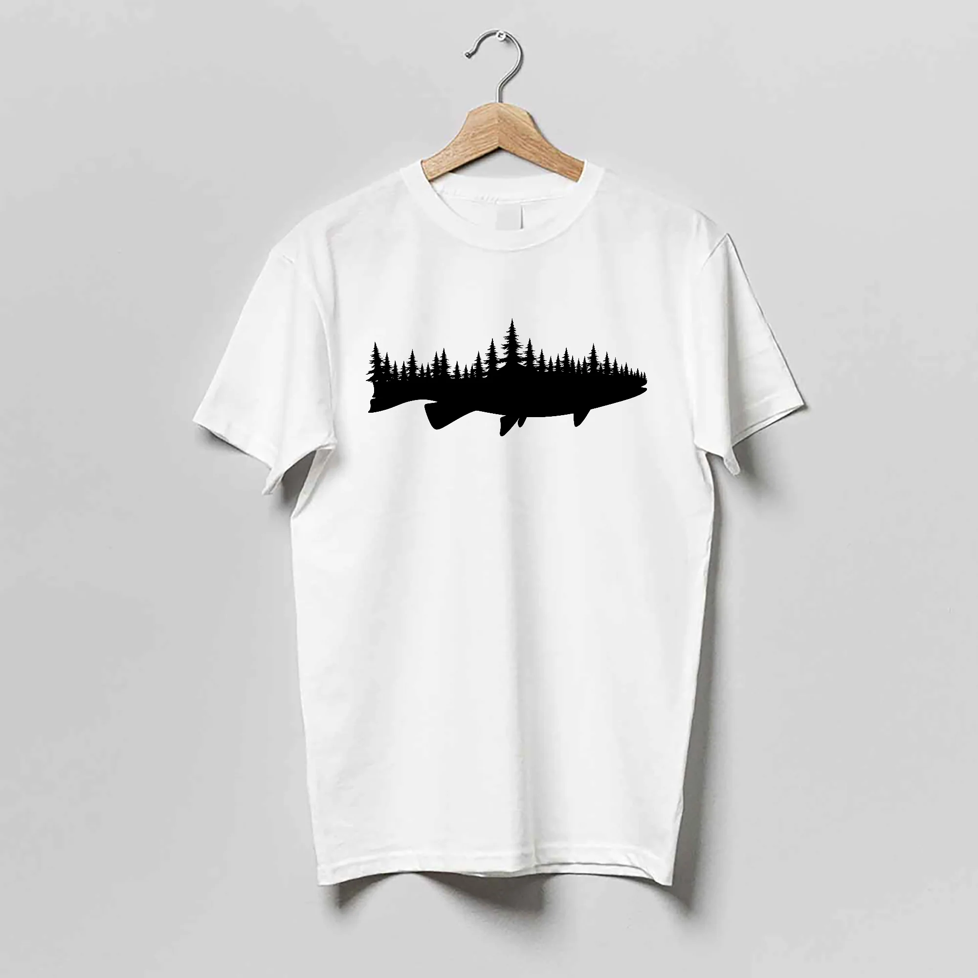 Outdoor Nature Shirt �C Fish and Forest �C Vintage Wilderness Hiking Tee �C White �C Up To 5XL