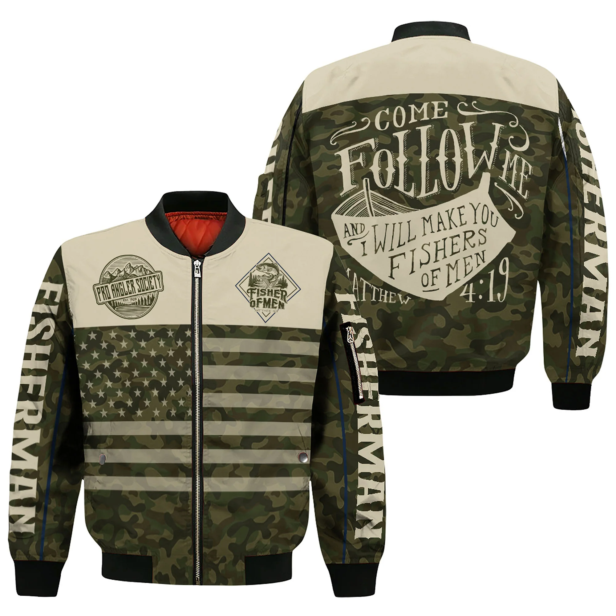 Christian Fisherman Bomber Jacket �C ��Come Follow Me�� Camo Edition | Faith & Fishing Apparel for Men