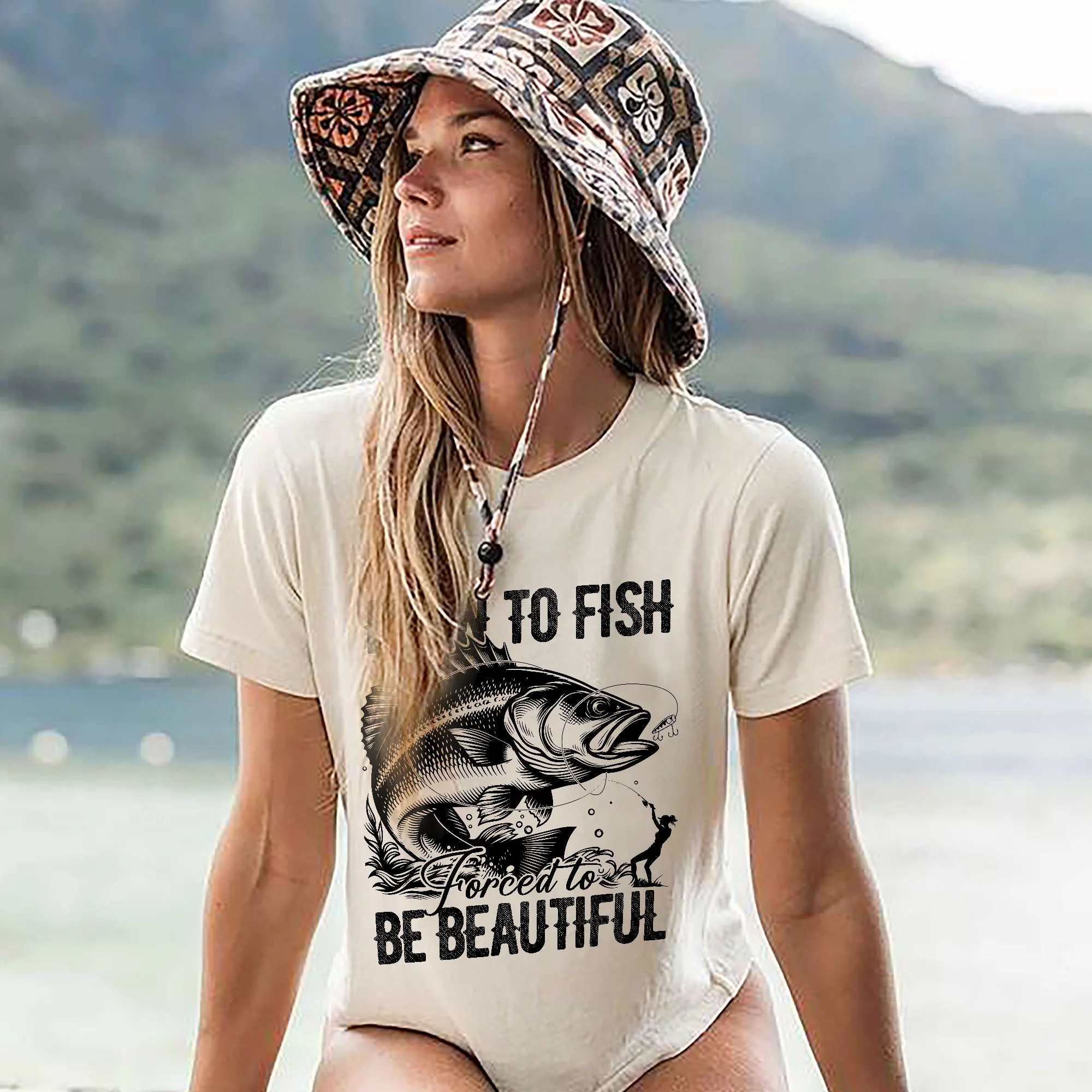 Born To Fish Forced To Be Beautiful Shirt �C Funny Women��s Fishing Tee �C Lady Angler Humor Gift �C Natural �C Up To 5XL