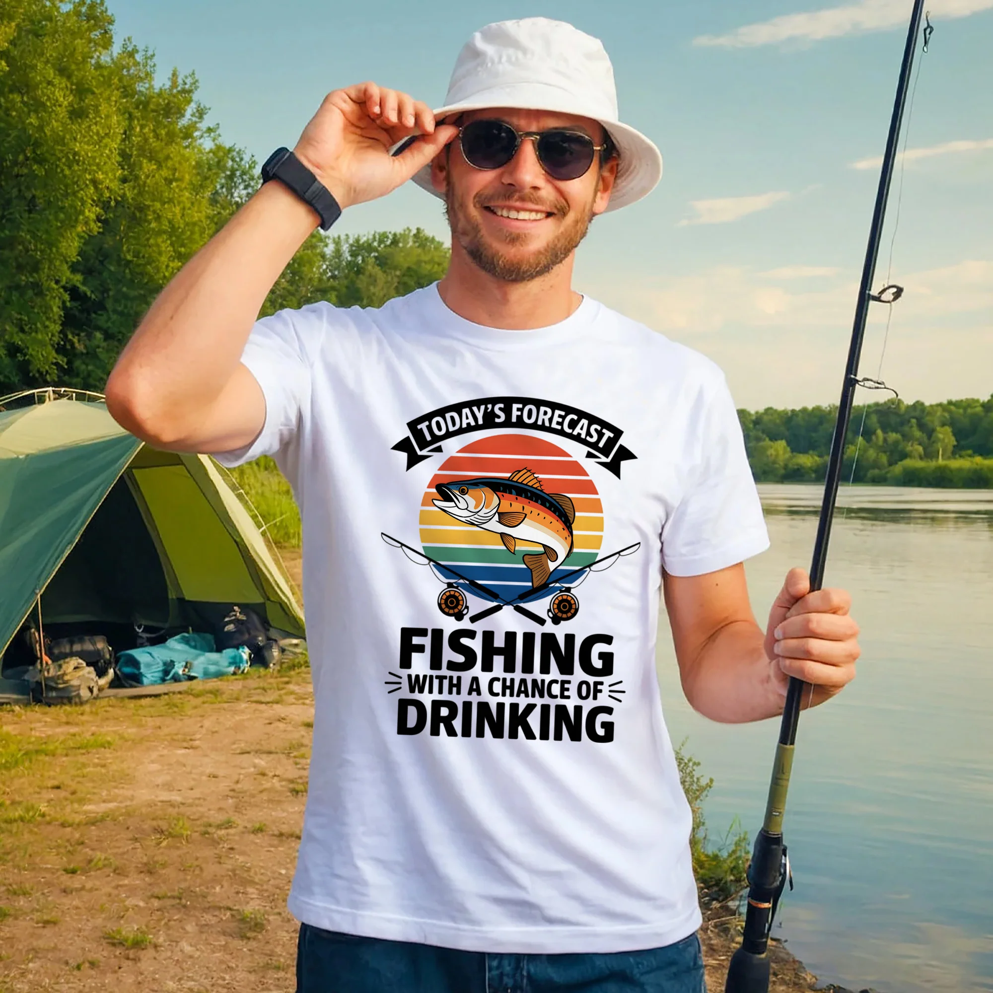 Vintage Outdoor Shirt �C Today��s Forecast Fishing with a Chance of Drinking Tee �C Funny Angler Gift �C White �C Up To 5XL