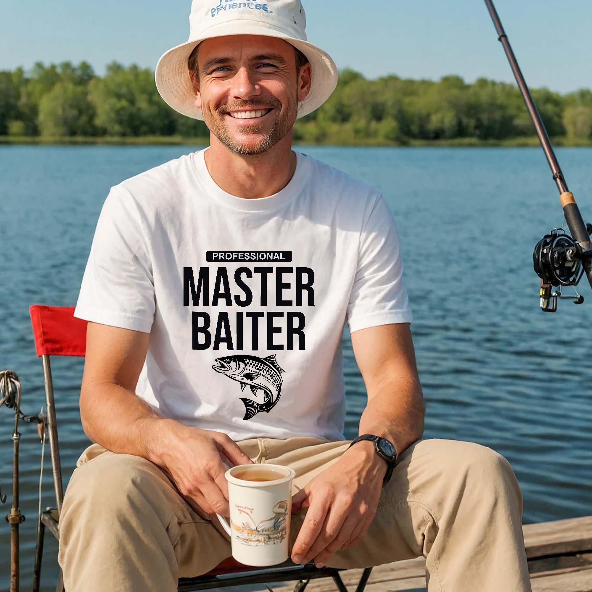 Funny Fishing Shirt �C Professional Master Baiter �C Angler Pun Tee for Men �C White �C Up To 5XL