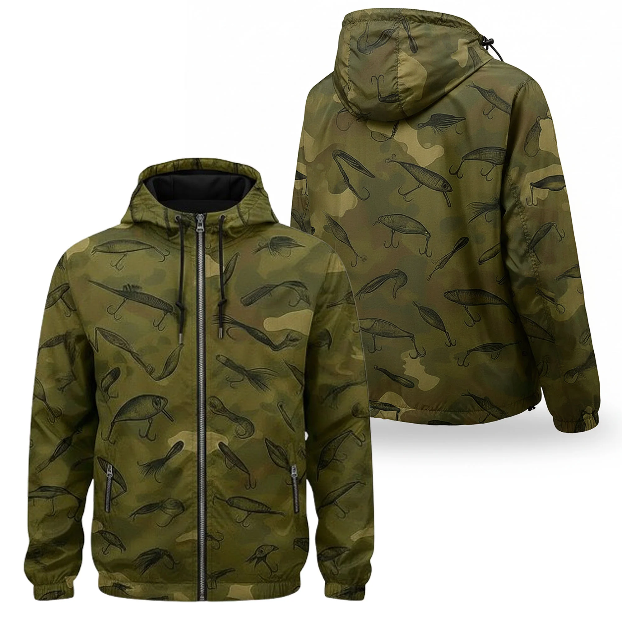Camouflage Fishing Lure Windbreaker Jacket �C Lightweight Hooded Outdoor Jacket for Men