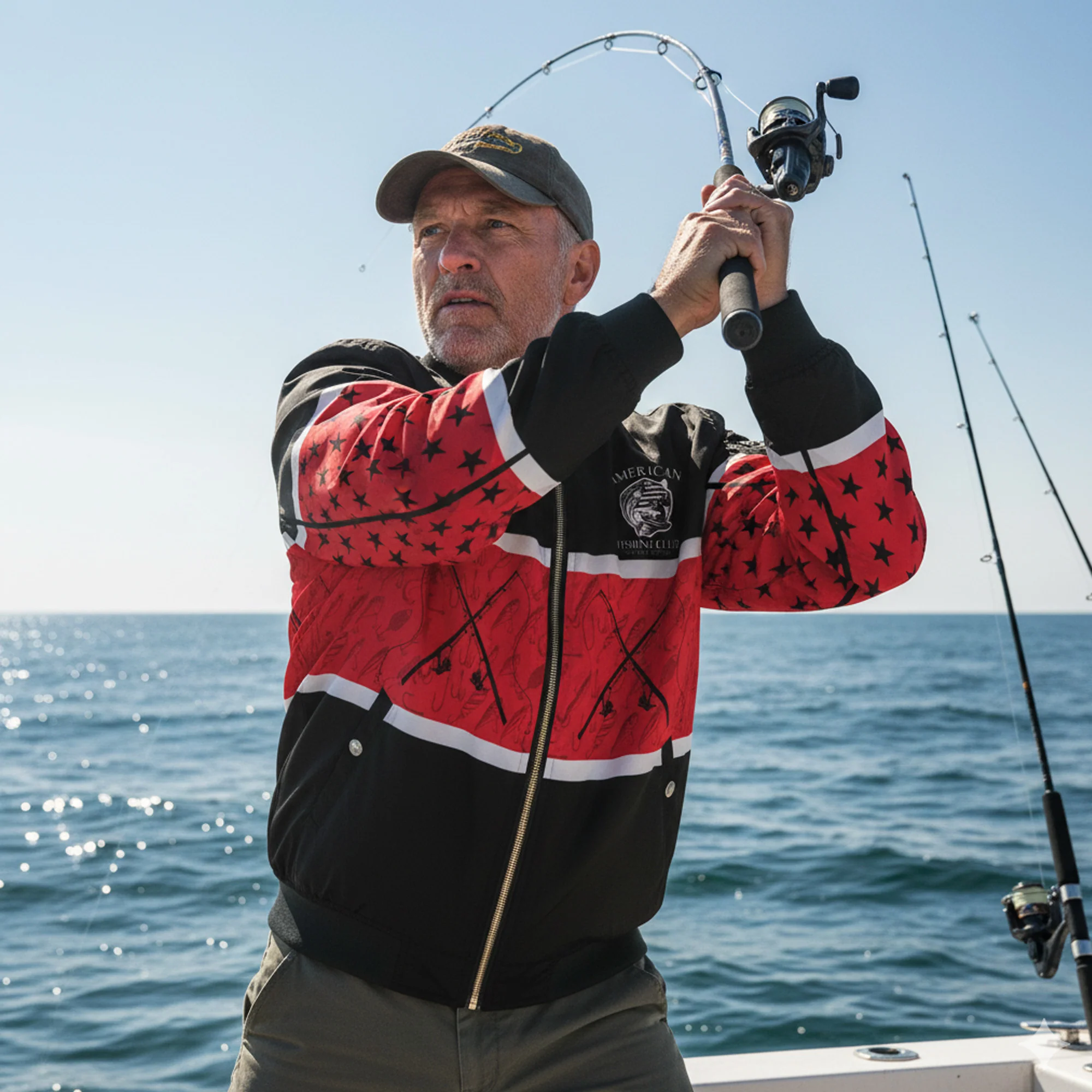 Fisherman Bomber Jacket �C American Fishing Club Edition | Red & Black Outdoor Fishing Jacket for Men