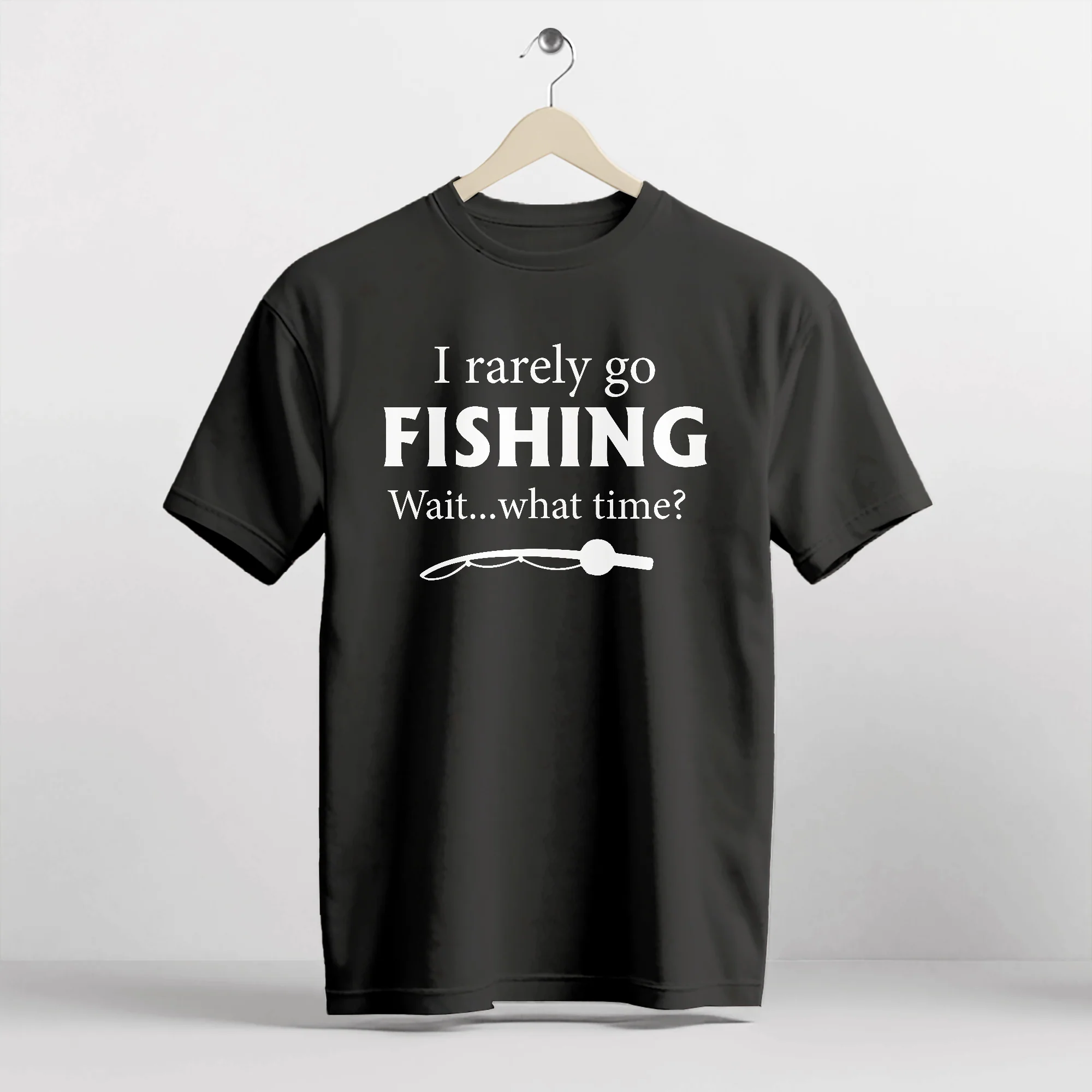 I Rarely Go Fishing Shirt �C Wait What Time? Tee �C Funny Fisherman Humor �C Black �C Up To 5XL