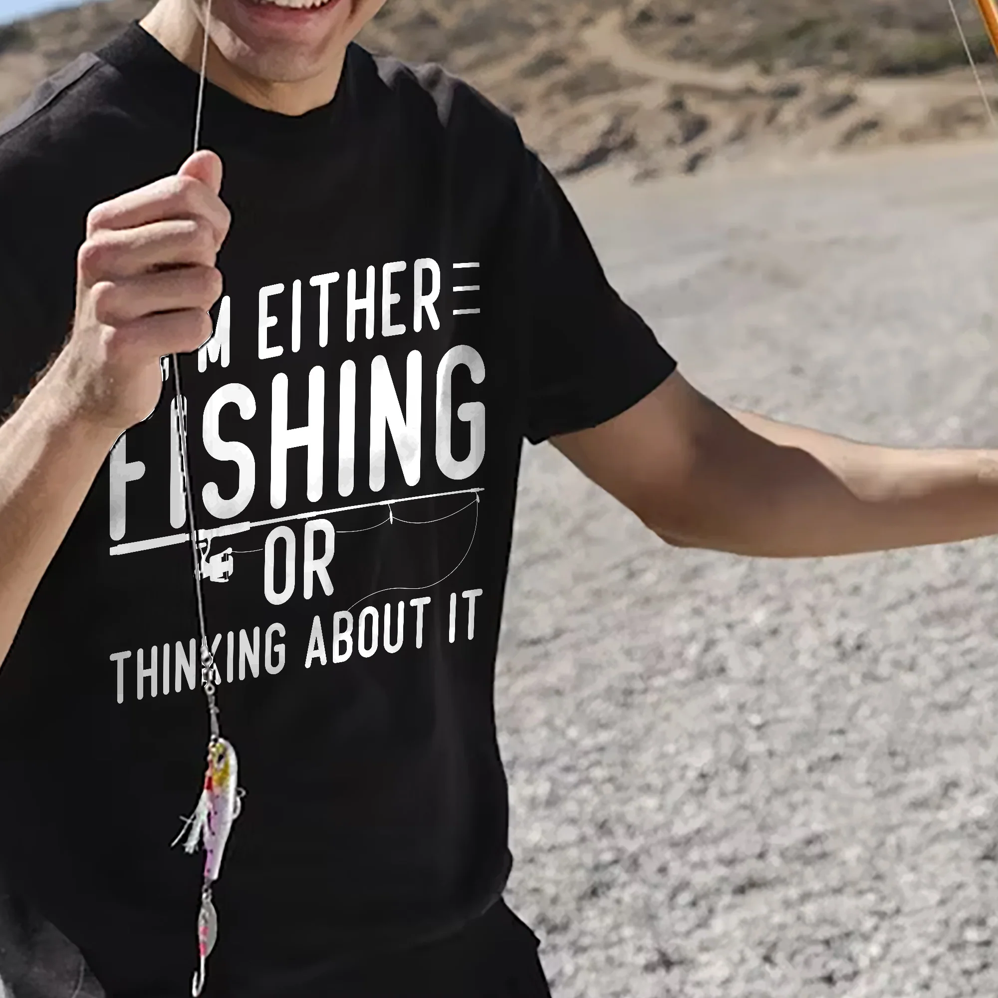 Funny Fisherman Shirt �C I��m Either Fishing or Thinking About It Tee �C Angler Gift �C Black �C Up To 5XL