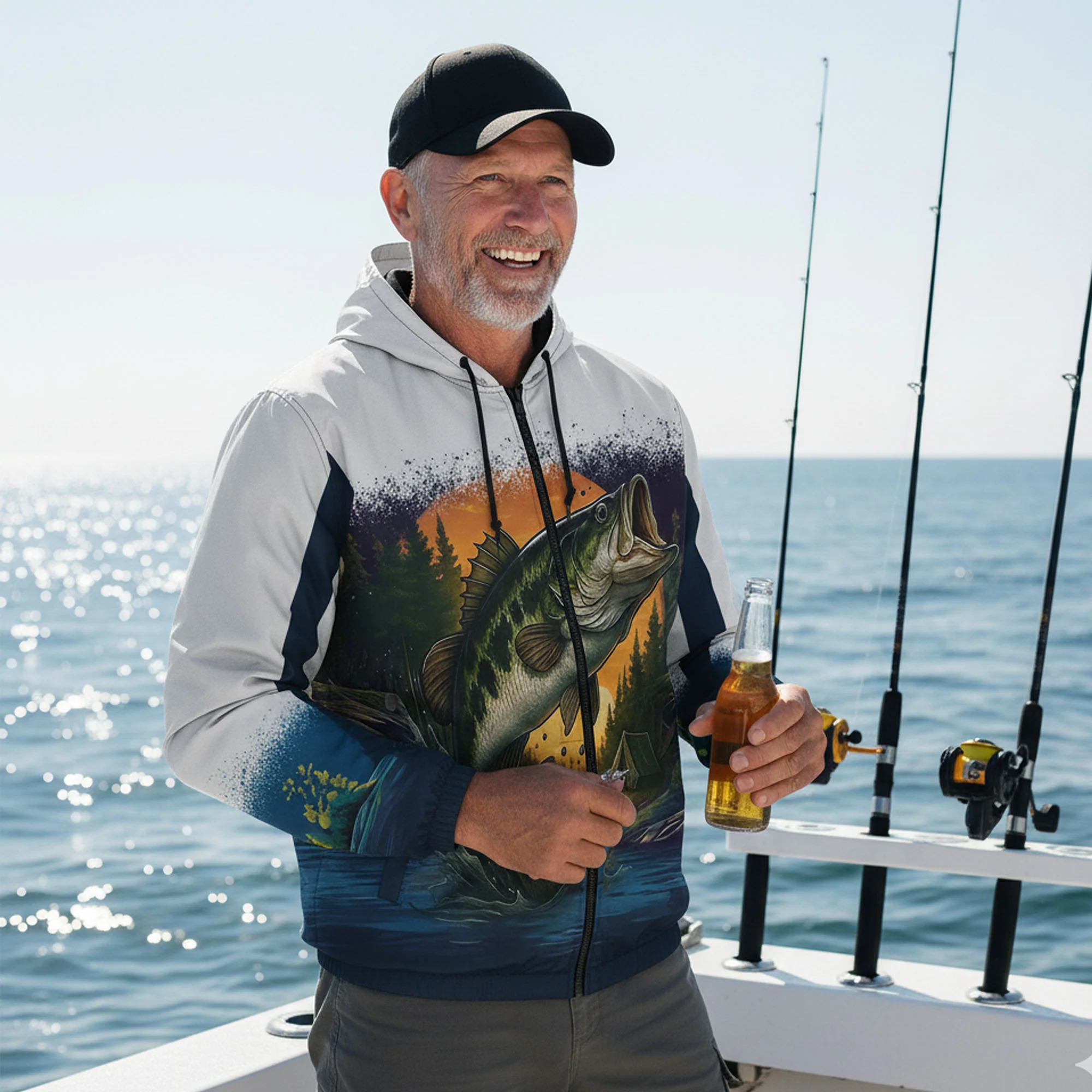 Largemouth Bass Windbreaker Jacket �C Sunrise Fishing Edition | Lightweight Hooded Fishing Jacket for Men