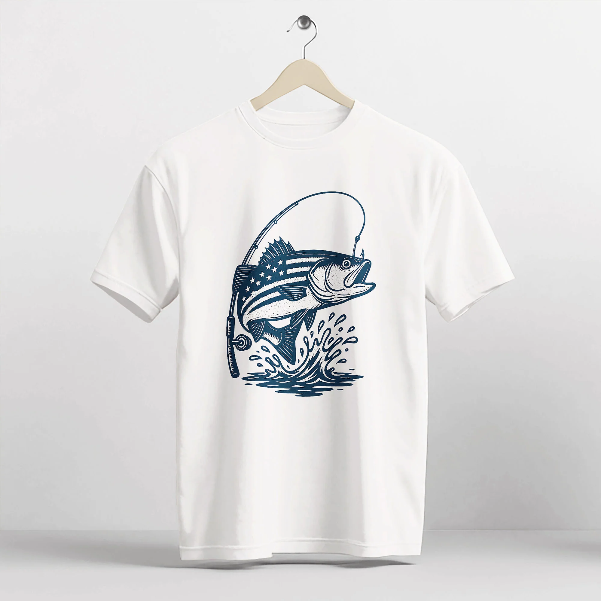 USA Flag Bass Fishing Shirt �C Patriotic Angler Tee �C American Flag Fisherman Graphic �C White �C Up To 5XL