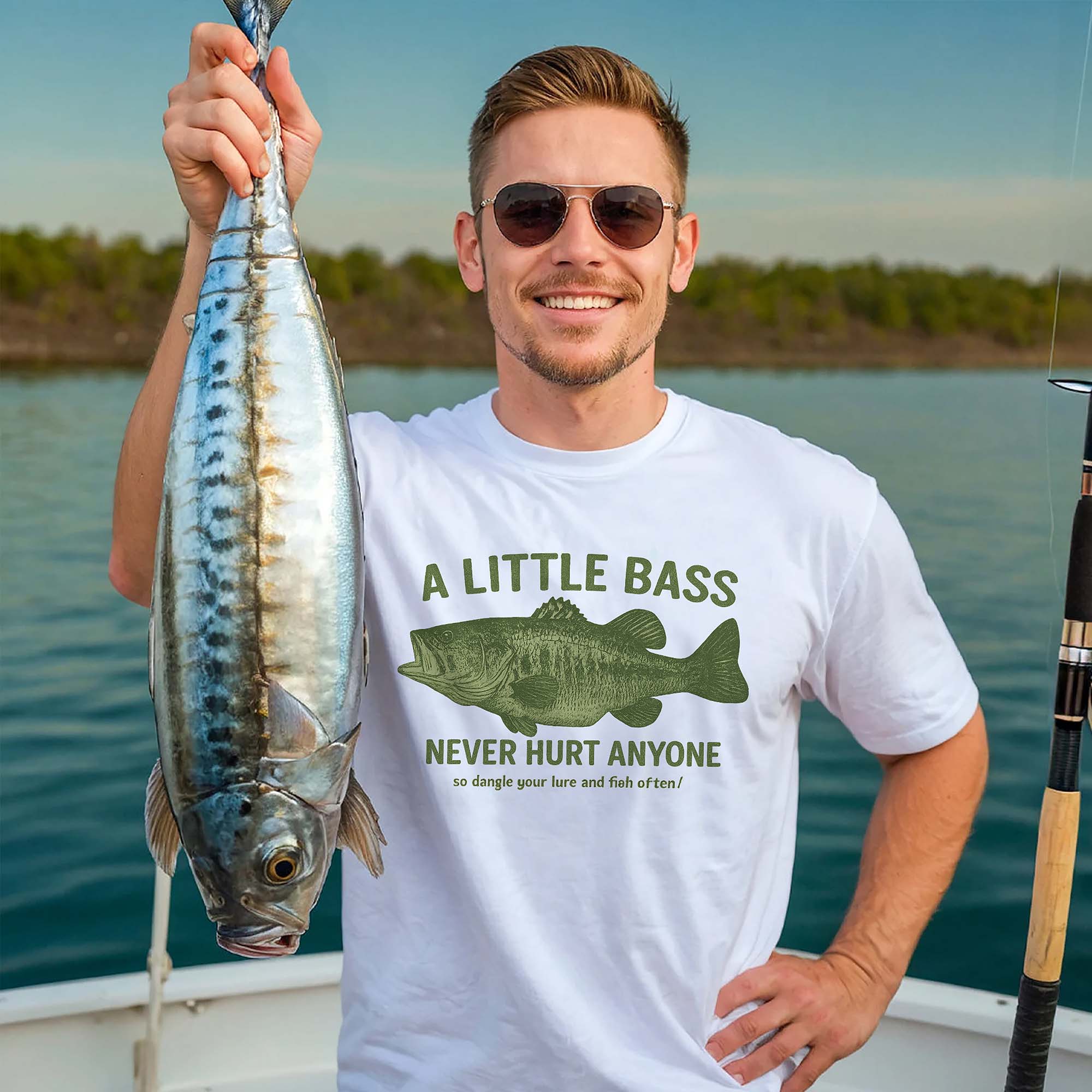 A Little Bass Never Hurt Anyone Shirt �C Funny Fishing Tee �C Fisherman Humor Gift �C White �C Up To 5XL