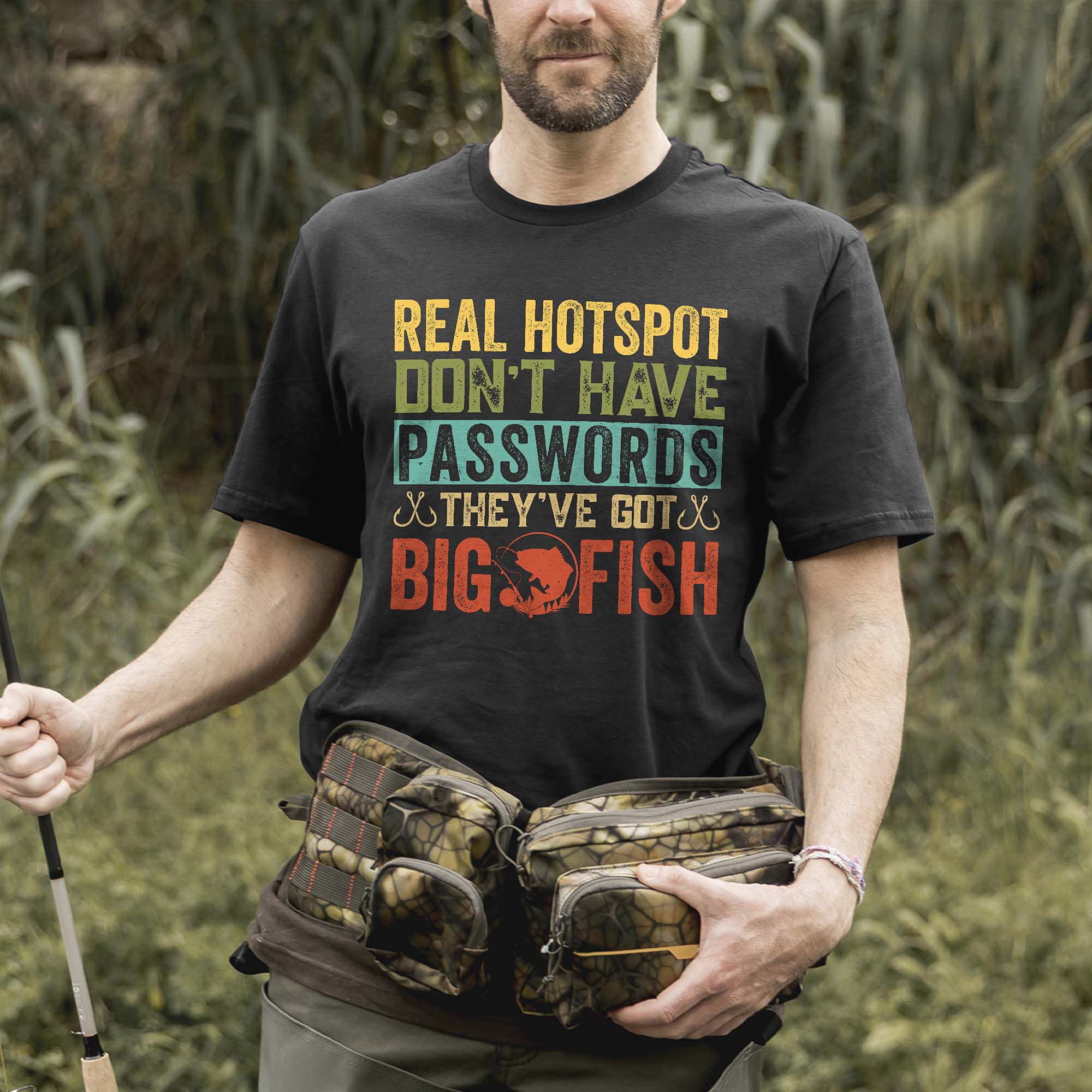 Funny Fishing Shirt �C Real Hotspots Don't Have Passwords Big Fish Tee �C Outdoors Fisherman Gift �C Black �C Up To 5XL