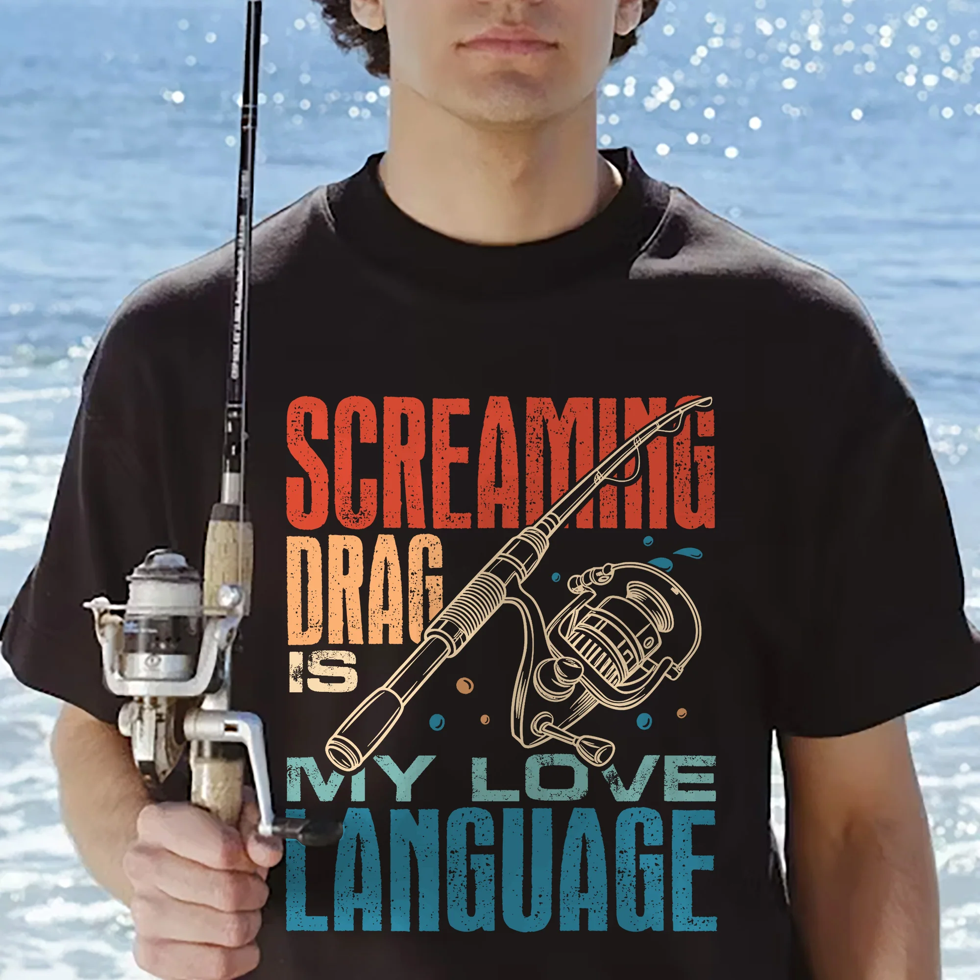 Funny Angler Shirt �C Screaming Drag Is My Love Language Tee �C Fishing Gift for Fishermen �C Black �C Up To 5XL