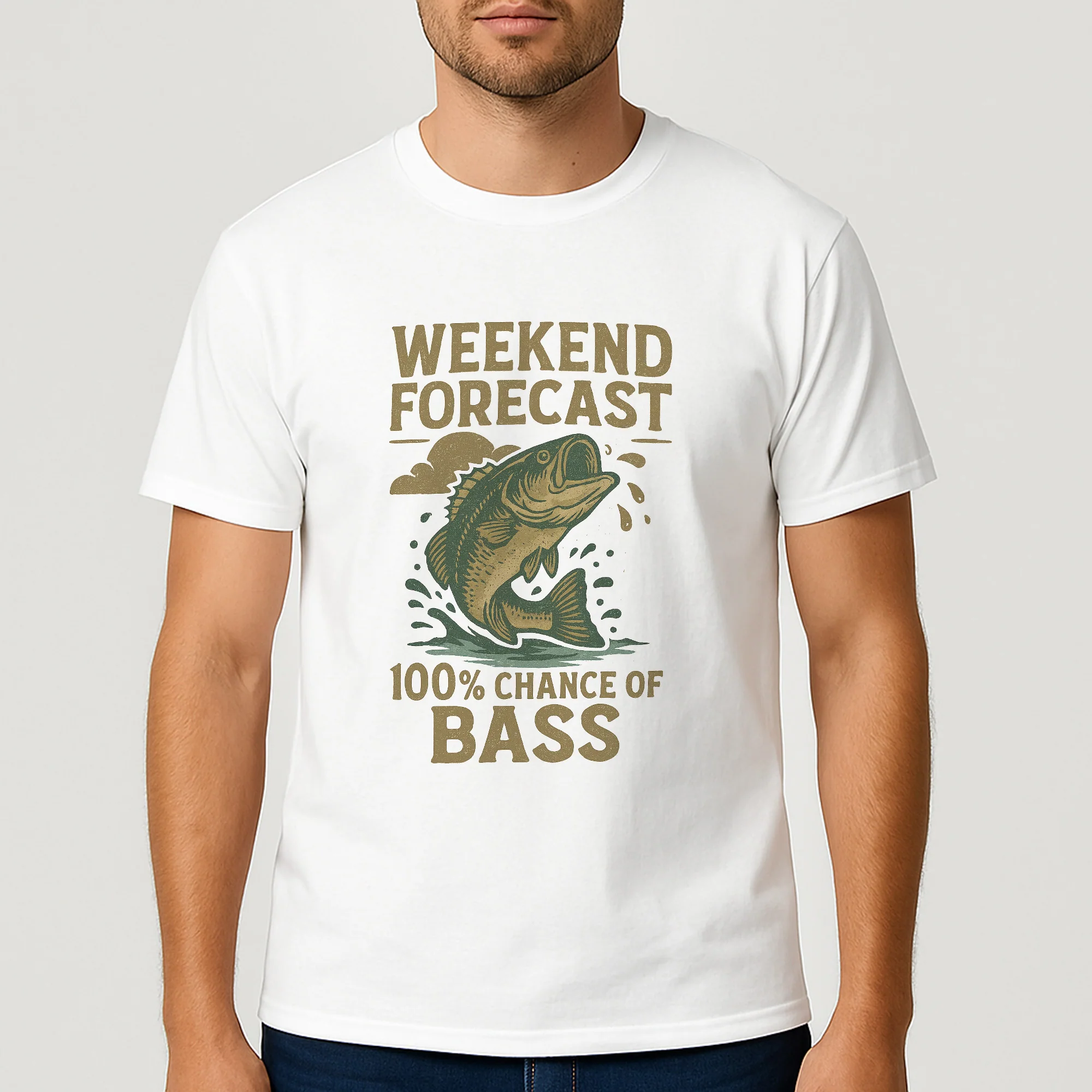 Weekend Forecast 100% Chance Of Bass White T-Shirt - Funny Fishing Shirt For Anglers - White - Up To 5XL