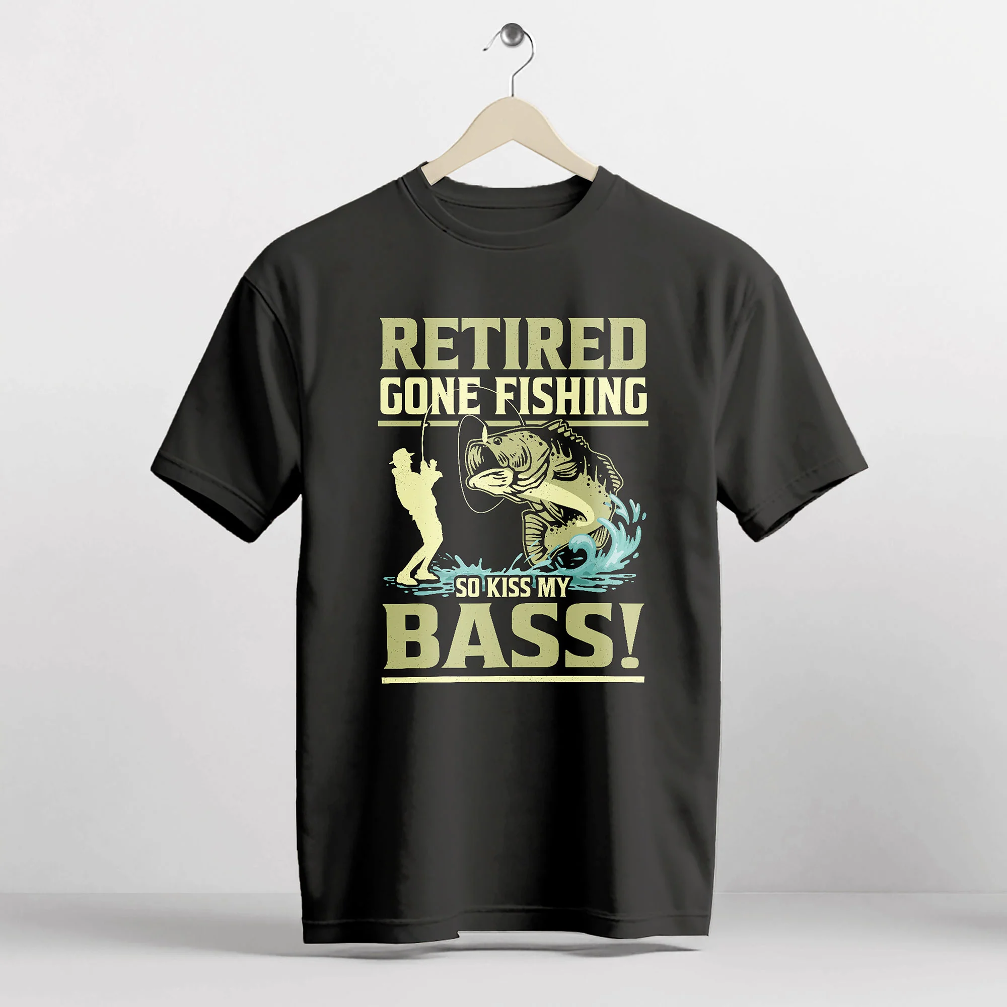 Funny Retirement Fishing Shirt �C Retired Gone Fishing So Kiss My Bass Tee �C Angler Humor Gift �C Black �C Up To 5XL