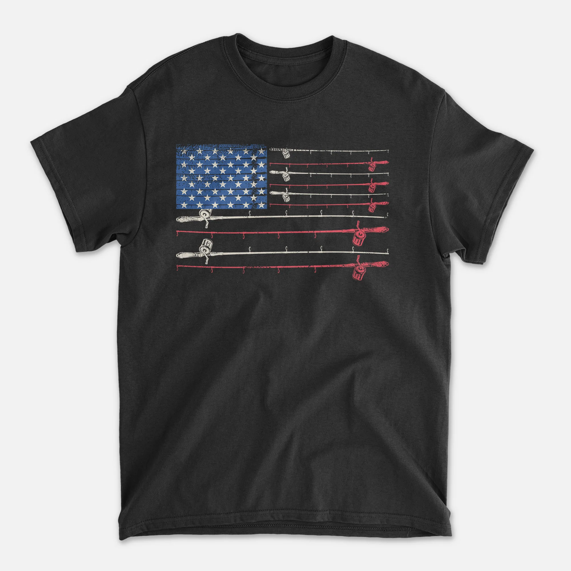 Patriotic Fishing Shirt �C Fishing Rods American Flag Tee �C USA Angler Graphic �C Black �C Up To 5XL
