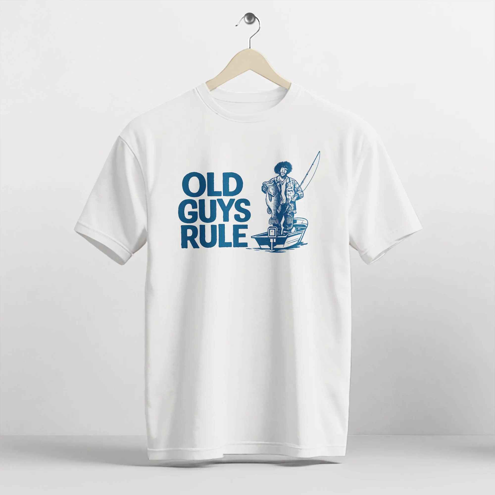 OLD GUYS RULE Fishing Shirt �C Funny Retro Angler Tee �C Humorous Fisherman Gift �C White �C Up To 5XL