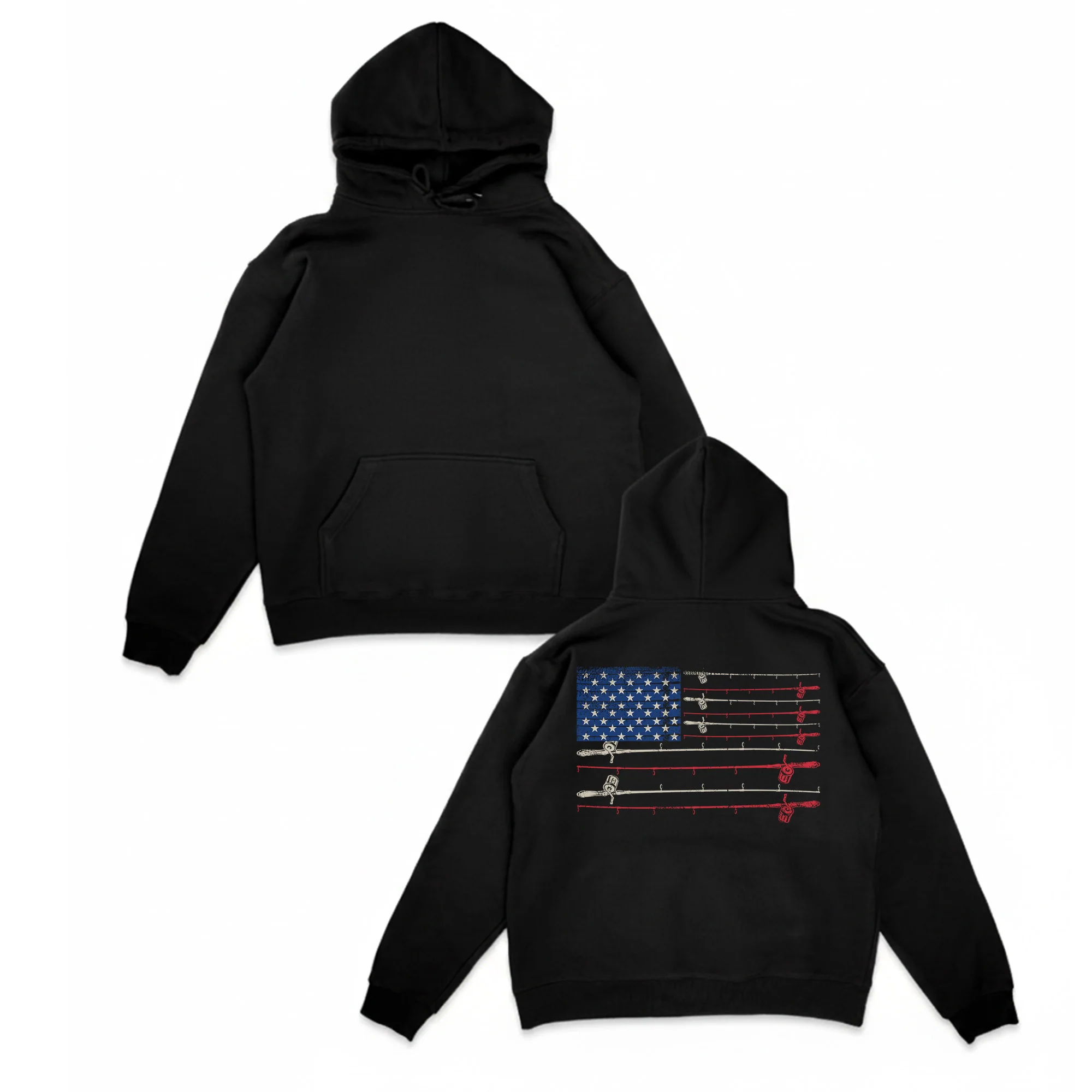 American Fishing Flag Hoodie �C Patriotic Fishing Rod Back Print Hoodie for Anglers | Three-Panel Fleece Hoodie