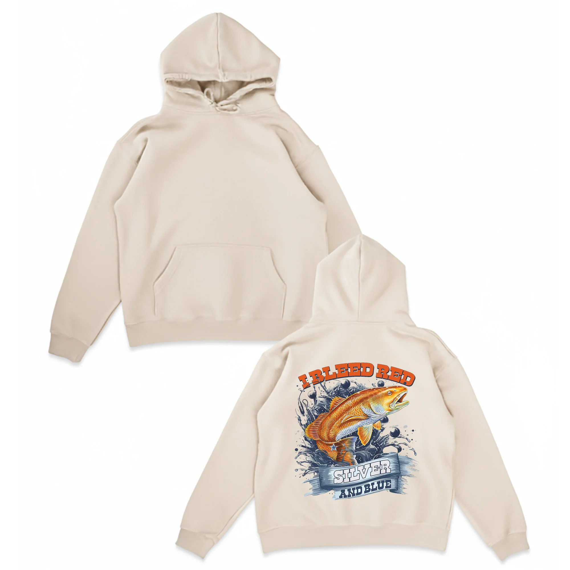 Redfish Football Pullover Hoodie �C I Bleed Red Silver and Blue �C Fishing & Football Fan Hoodie �C Patriotic Angler Sweatshirt Gift USA Pride