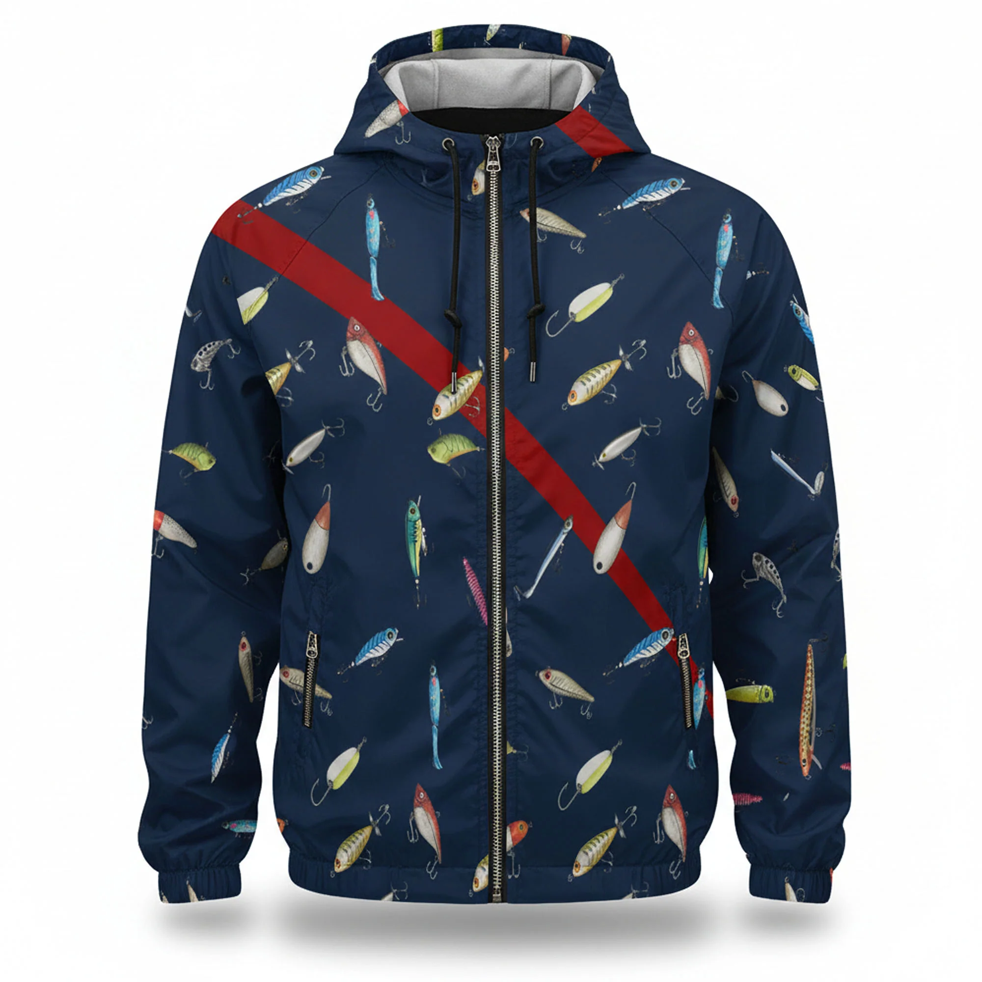 Navy Fishing Lure Windbreaker Jacket �C Lightweight Hooded Outdoor Jacket for Men
