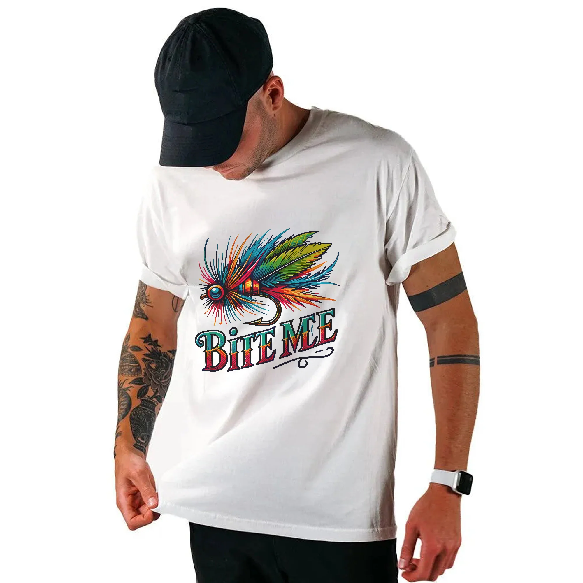 Funny Fly Fishing Shirt - Bite Me Fly Lure Graphic Tee - Colorful Gift for Anglers �C White �C Up To 5XL